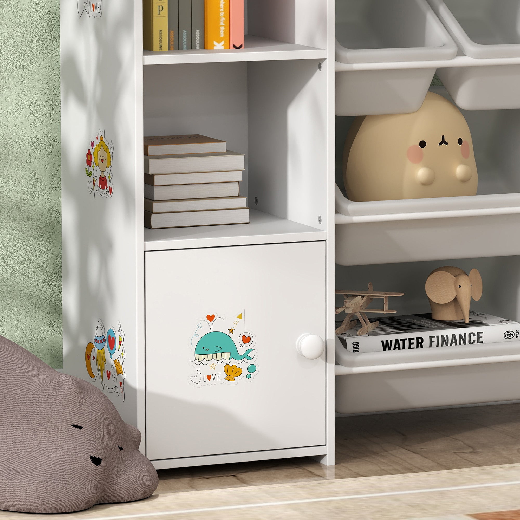 Kids Toy Organizers and Storage with 8 Removable Storage Bins and Bookshelf, White
