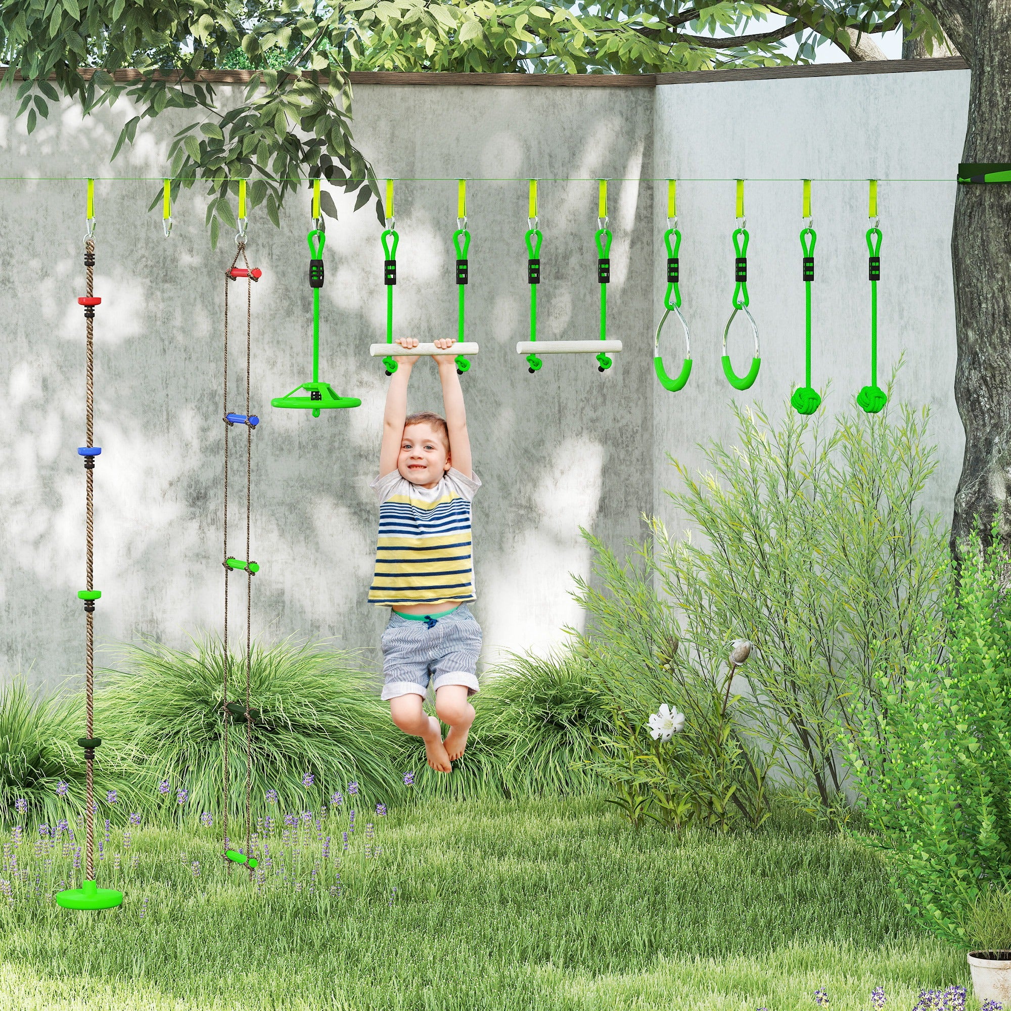 Obstacle Course for Kids with 10PCs Slackline Kit, with Monkey Bars, Gym Rings, Rope Ladder, Nest Swing, Hanging Tray
