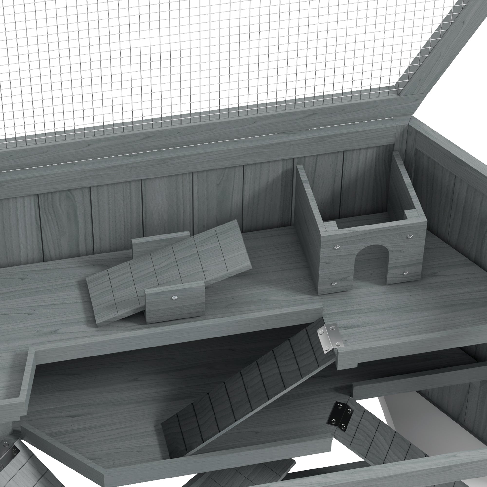 3 Tier Wooden Large Hamster Cage with Sliding Tray, Seesaws, Water Bottle, Grey