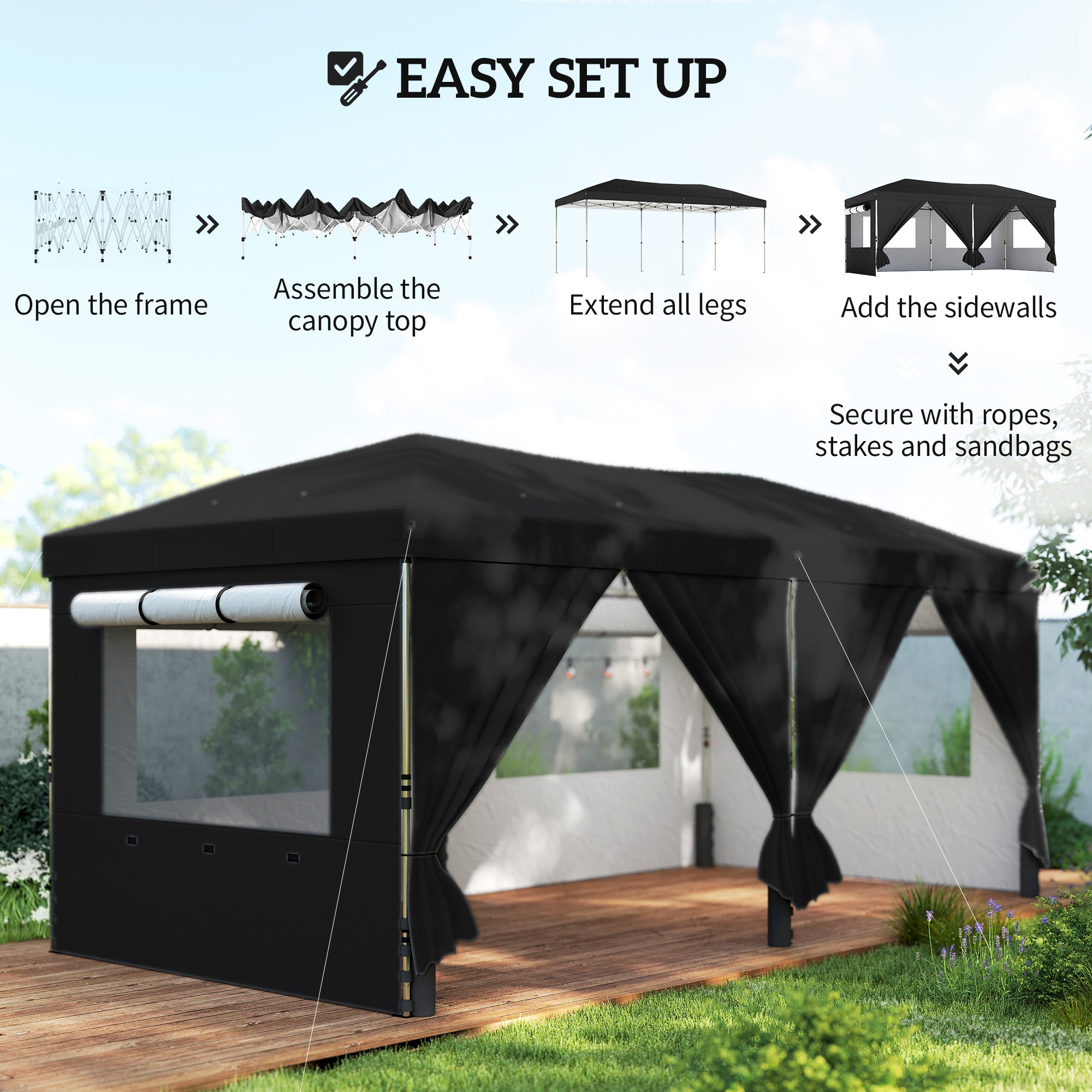 3 x 6 m Pop Up Canopy with UV50+ Protection Garden Gazebo with 6 Sidewalls, Black