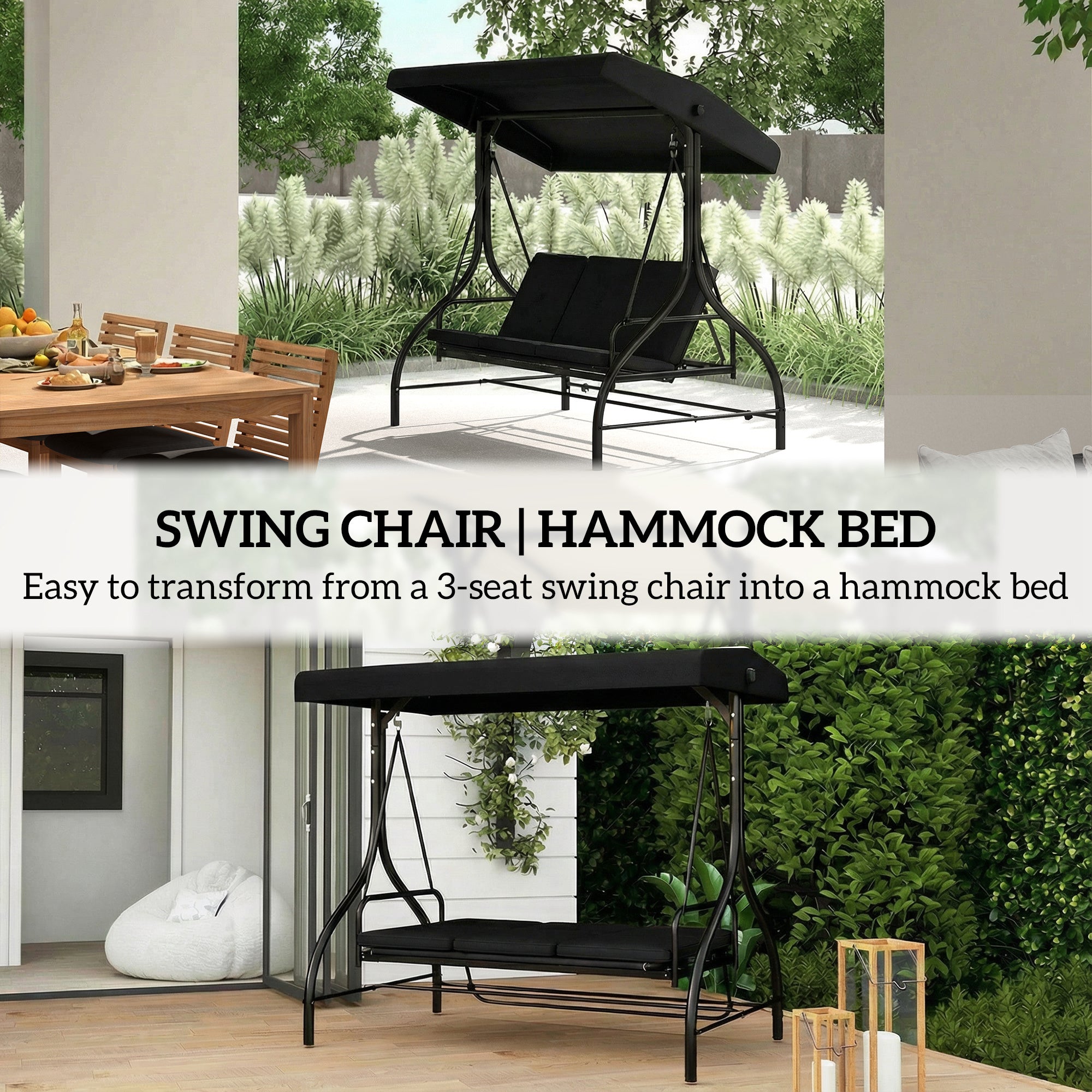 3 Seater Canopy Swing Chair, 2 in 1 Garden Swing Seat Bed, with Adjustable Canopy and Metal Frame, Black