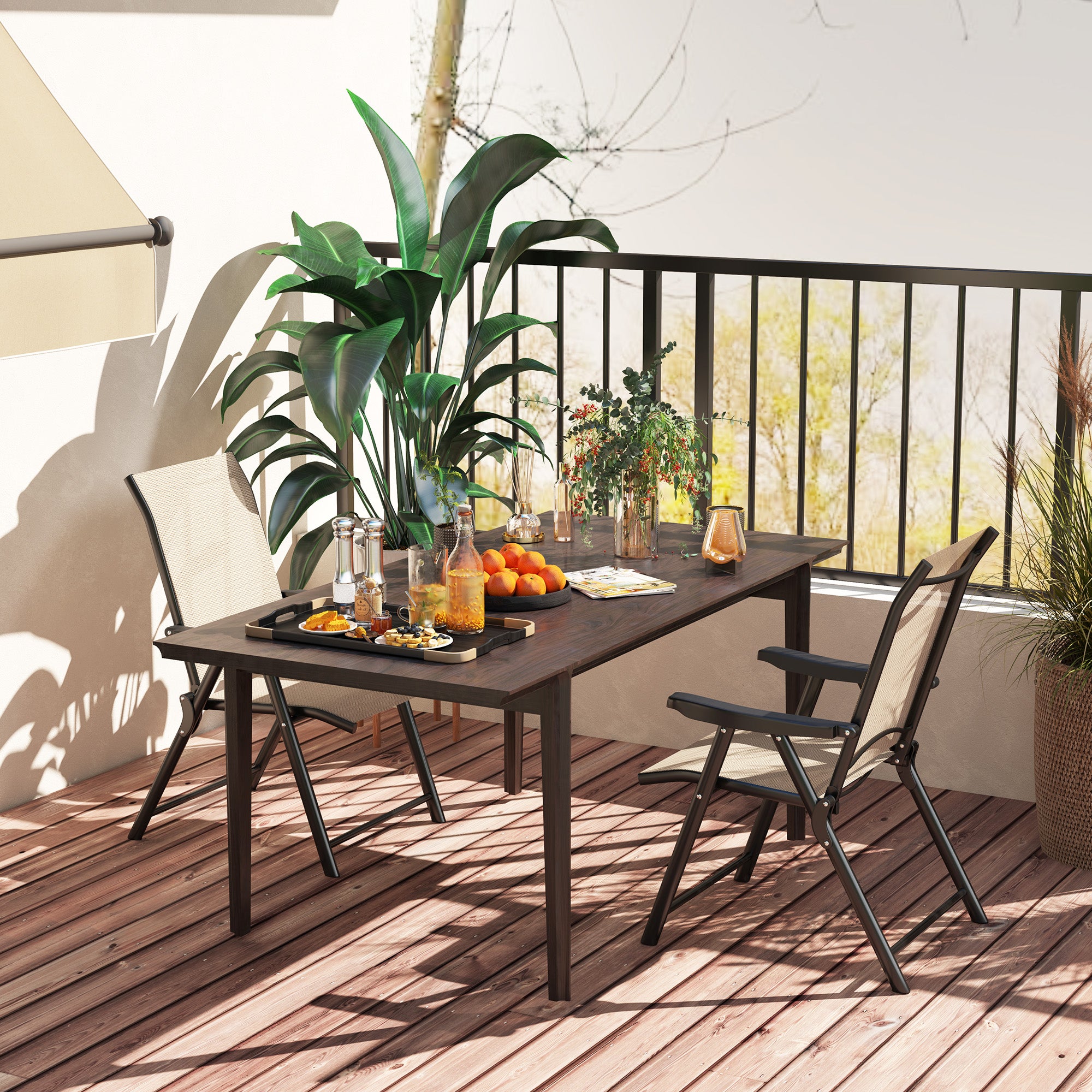 Set of 2 Folding Outdoor Chairs with Breathable Mesh and Armrests - Brown Black
