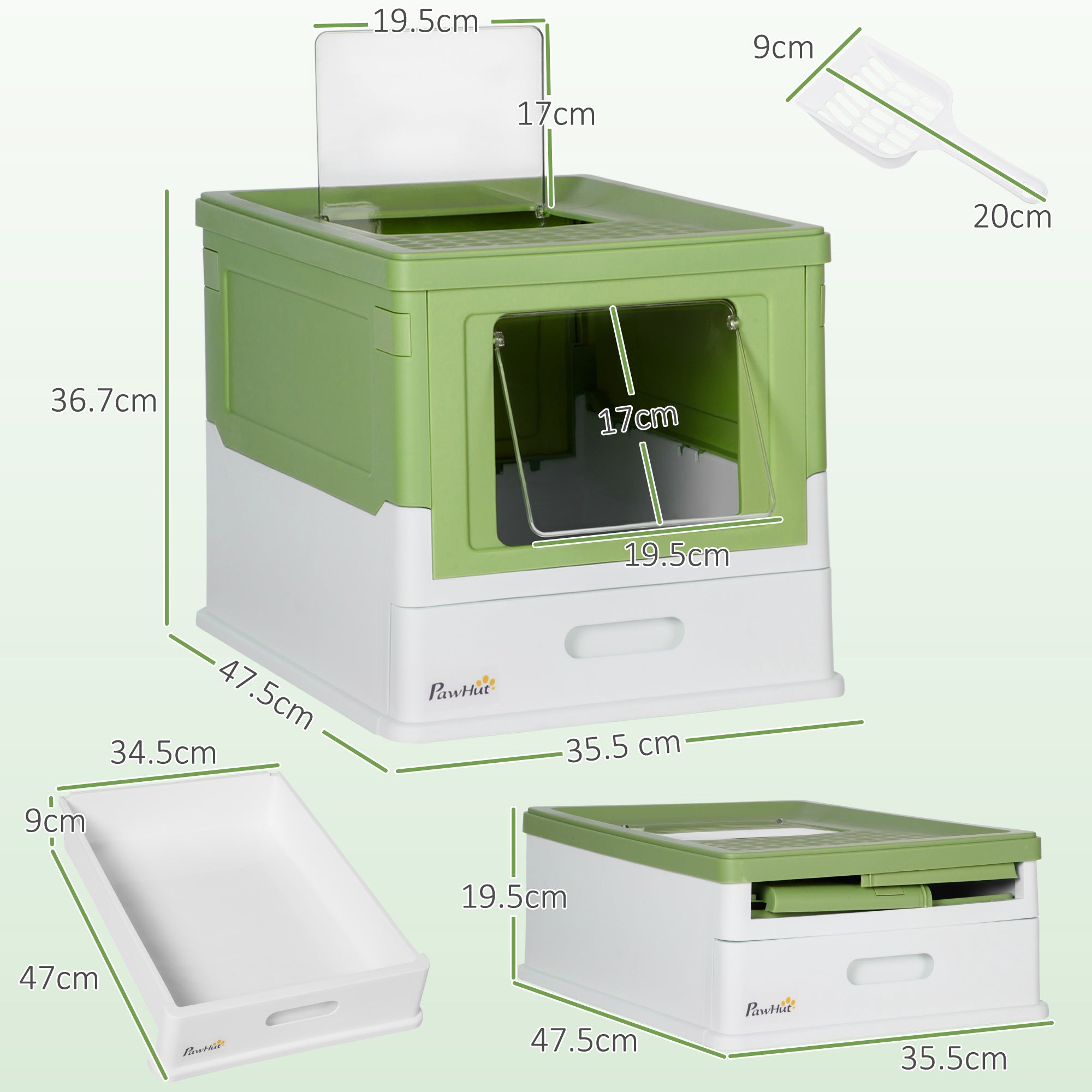 Hooded Cat Litter Box, Portable Pet Toilet, with Scoop, Front Entry - Light Green