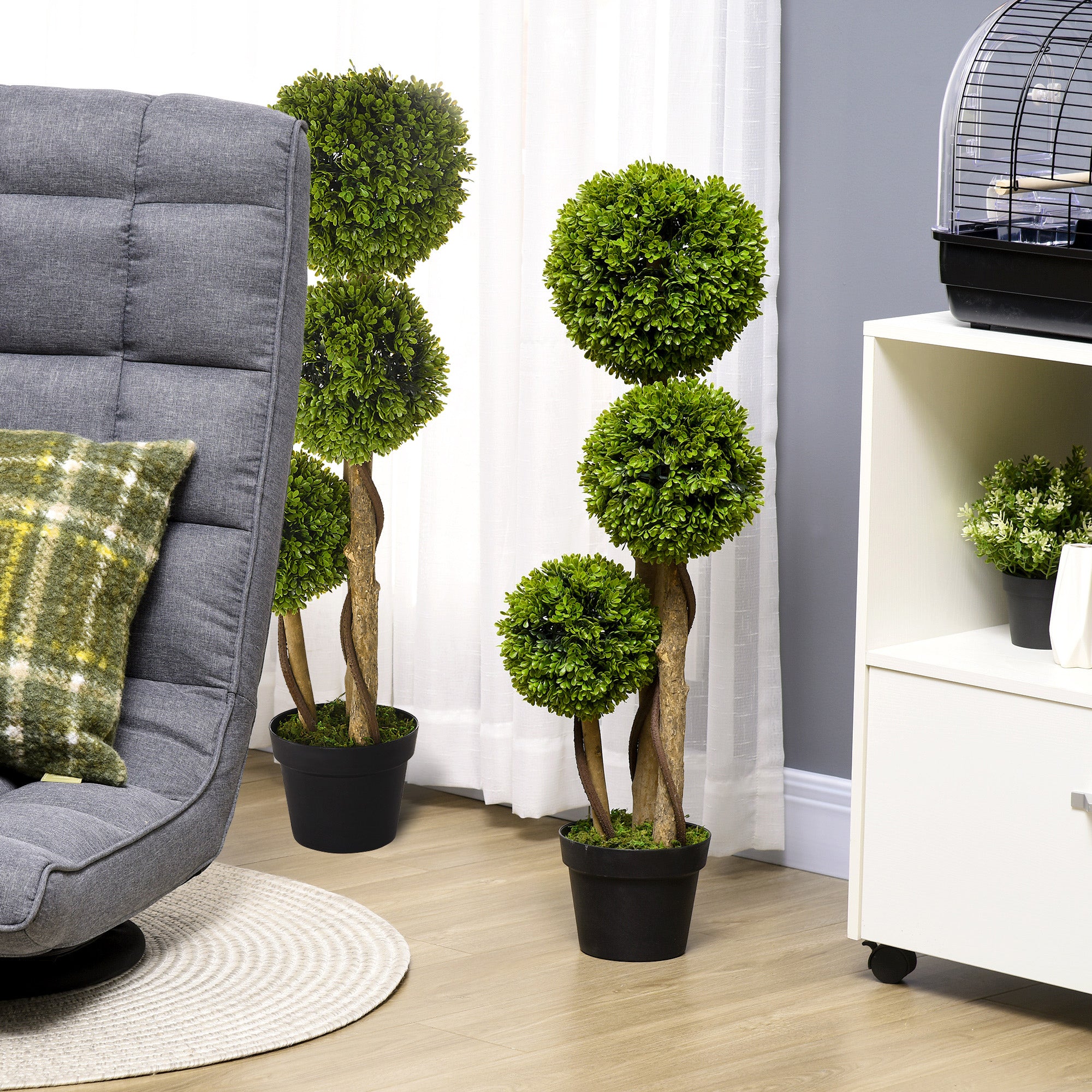 Set of 2 Decorative Artificial Tree Boxwood Ball Topiary Tree in Pot, Fake Plant for Home Indoor Outdoor Decor, 90 cm, Light Green