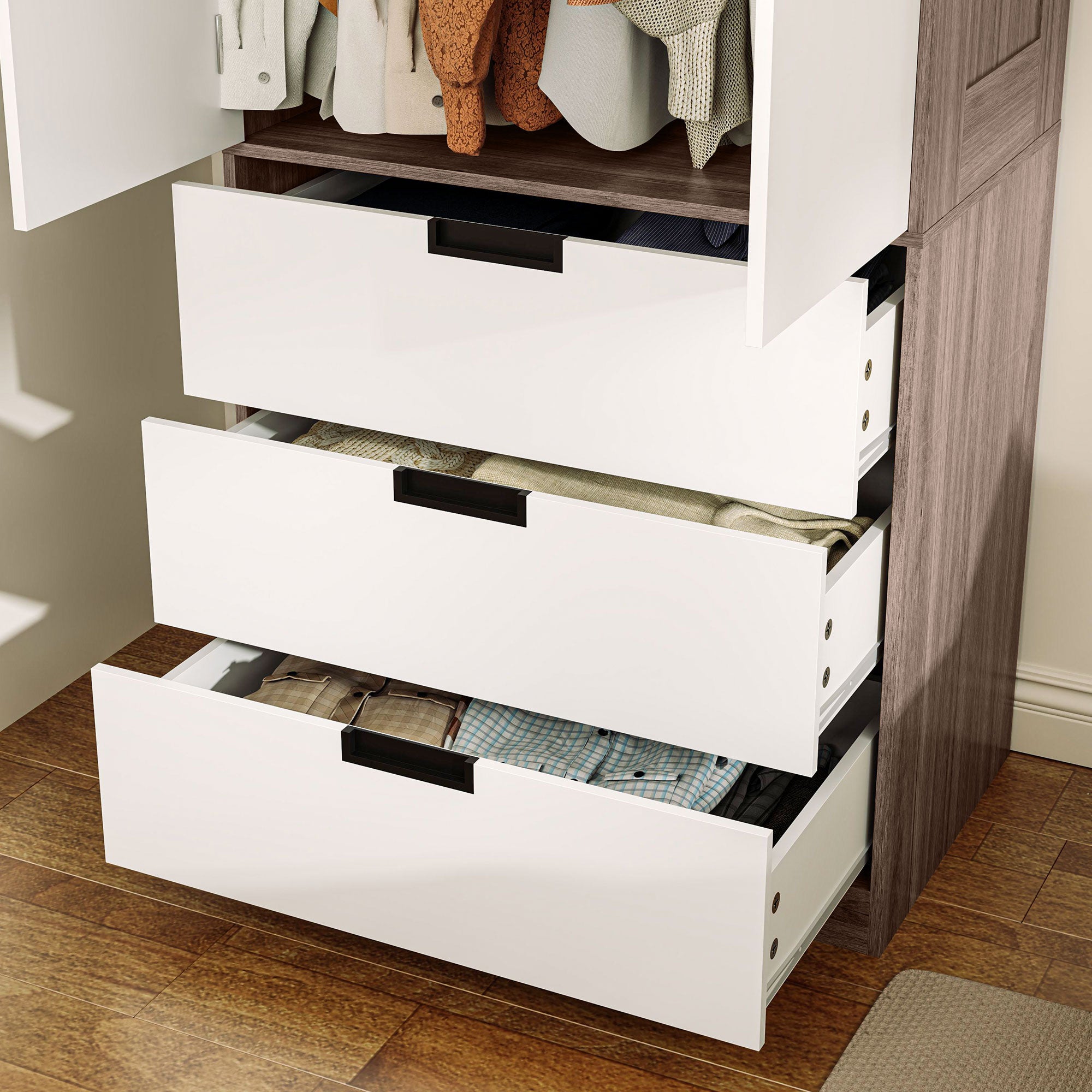 Two Door Two Drawer Wardrobe with Brown Accents - White/Brown