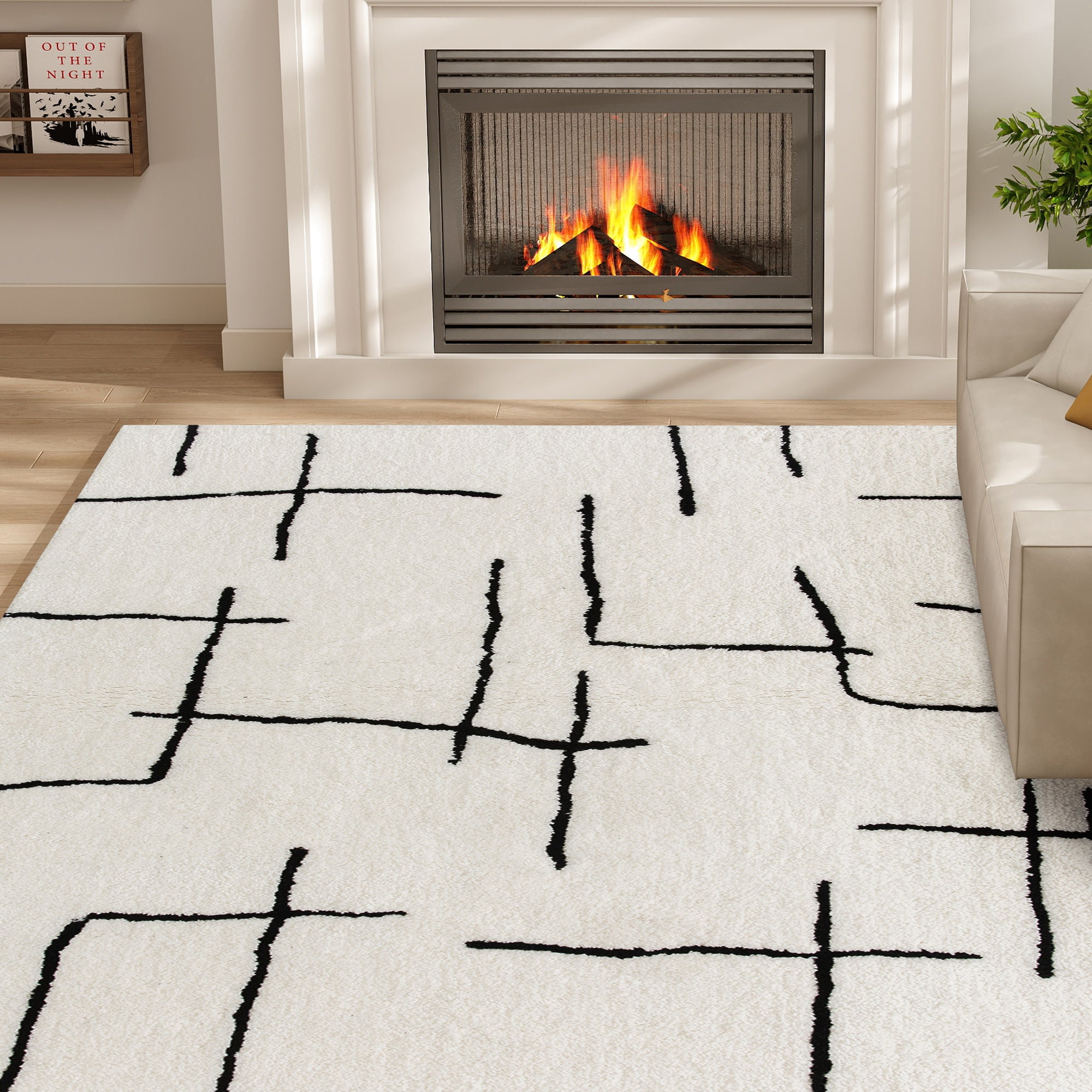Modern Fluffy Area Rug, Geometric Pattern Washable Rug, Soft High Pile Floor Carpet for Living Room, Bedroom, Dining Room, Home Office, 170 x 120 cm, Cream