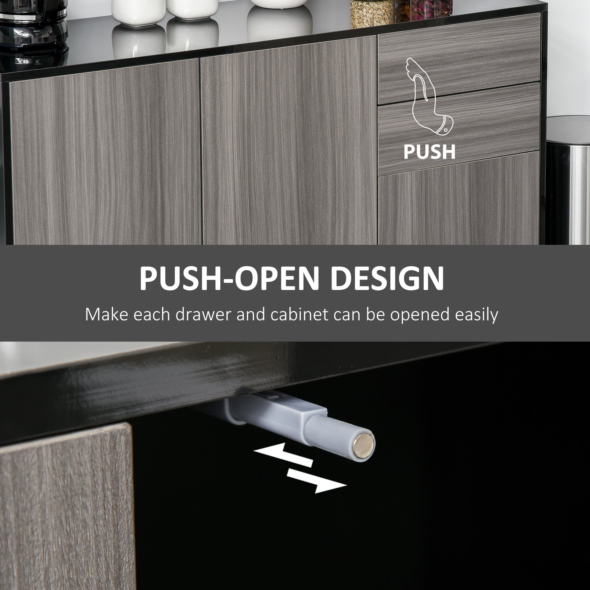 High Gloss Frame Sideboard, Side Cabinet, Push-Open Design with 2 Drawer for Living Room, Bedroom, Light Grey and Black
