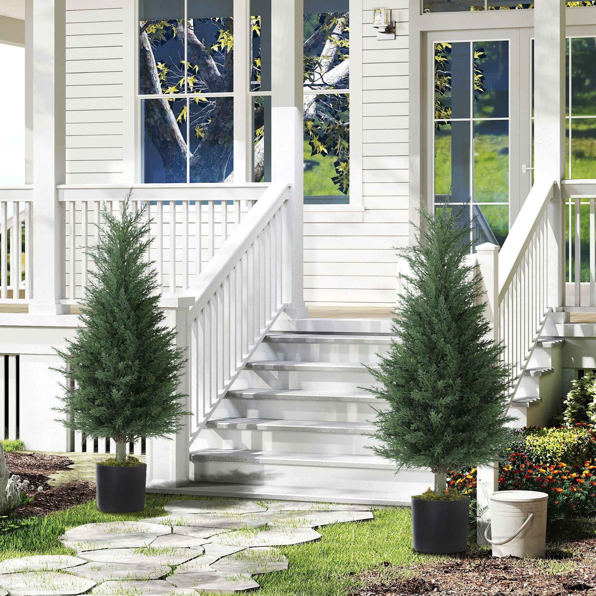Artificial Cypress Tree, 90 cm Fake Cypress Tree with Plastic Pots, UV-Resistant Faux Plants for Garden Front Porch Decoration, 2 Pack