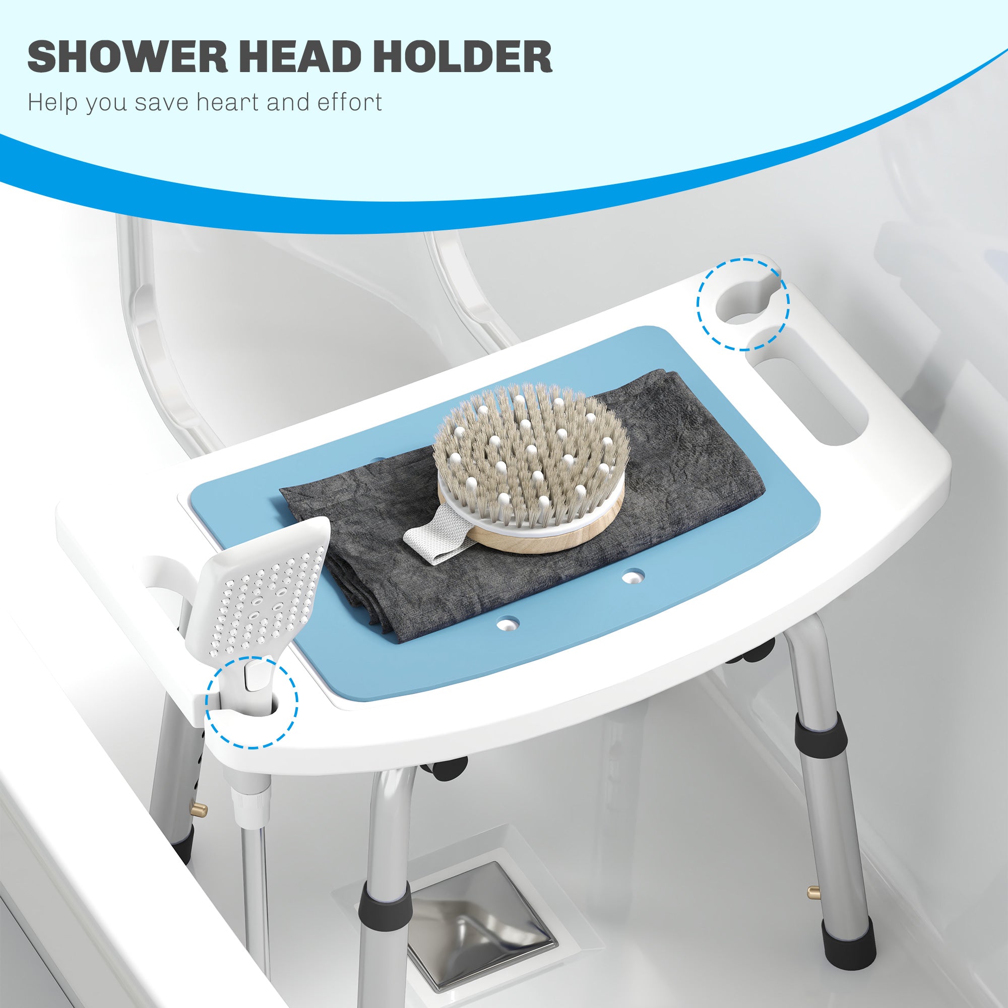 Shower Stool with Backrest, Height Adjustable Shower Chair with Anti-slip Foot Pads, Shower Head Holder, Light Blue