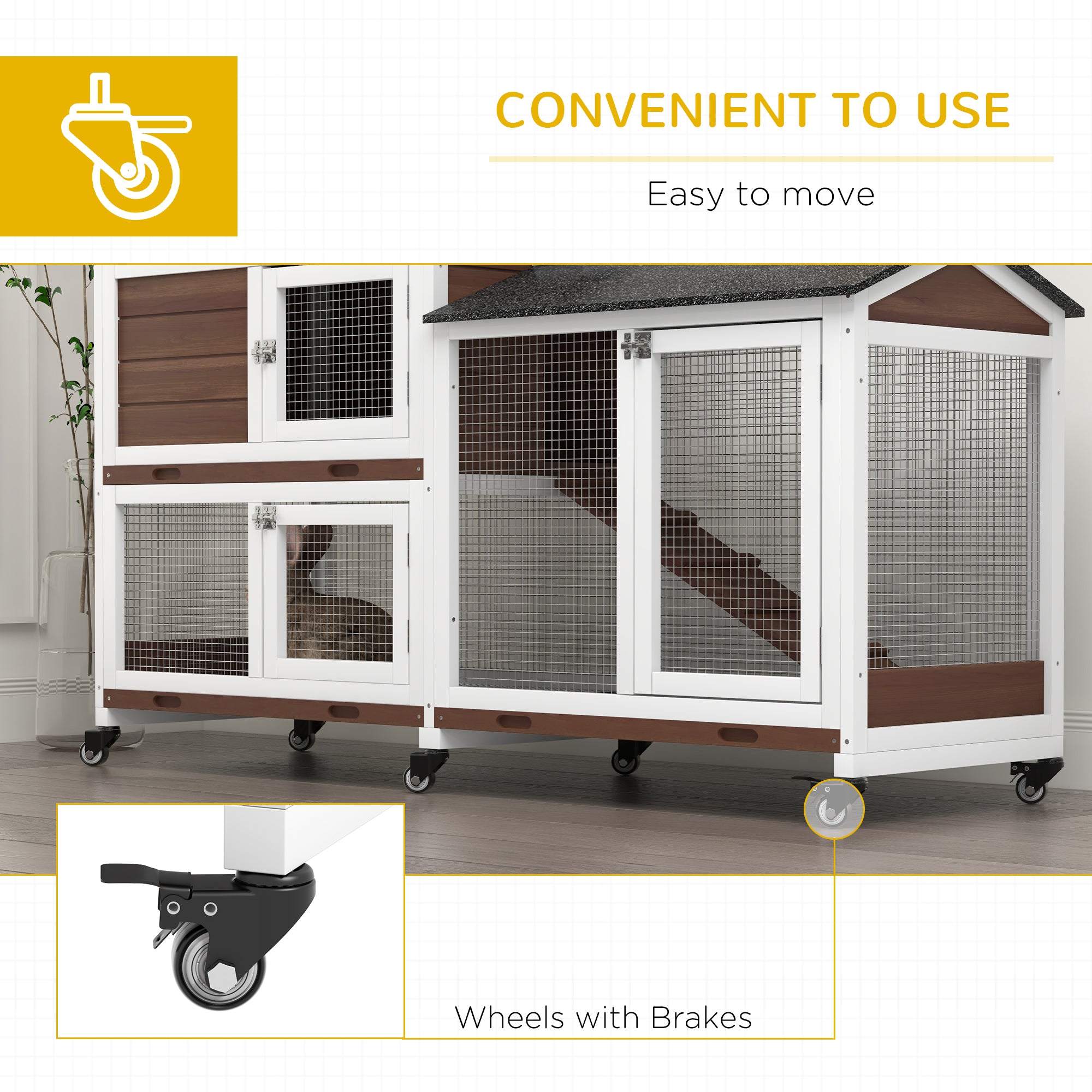 Wooden Two-Tier Pet Hutch with Wheels, Run - Brown