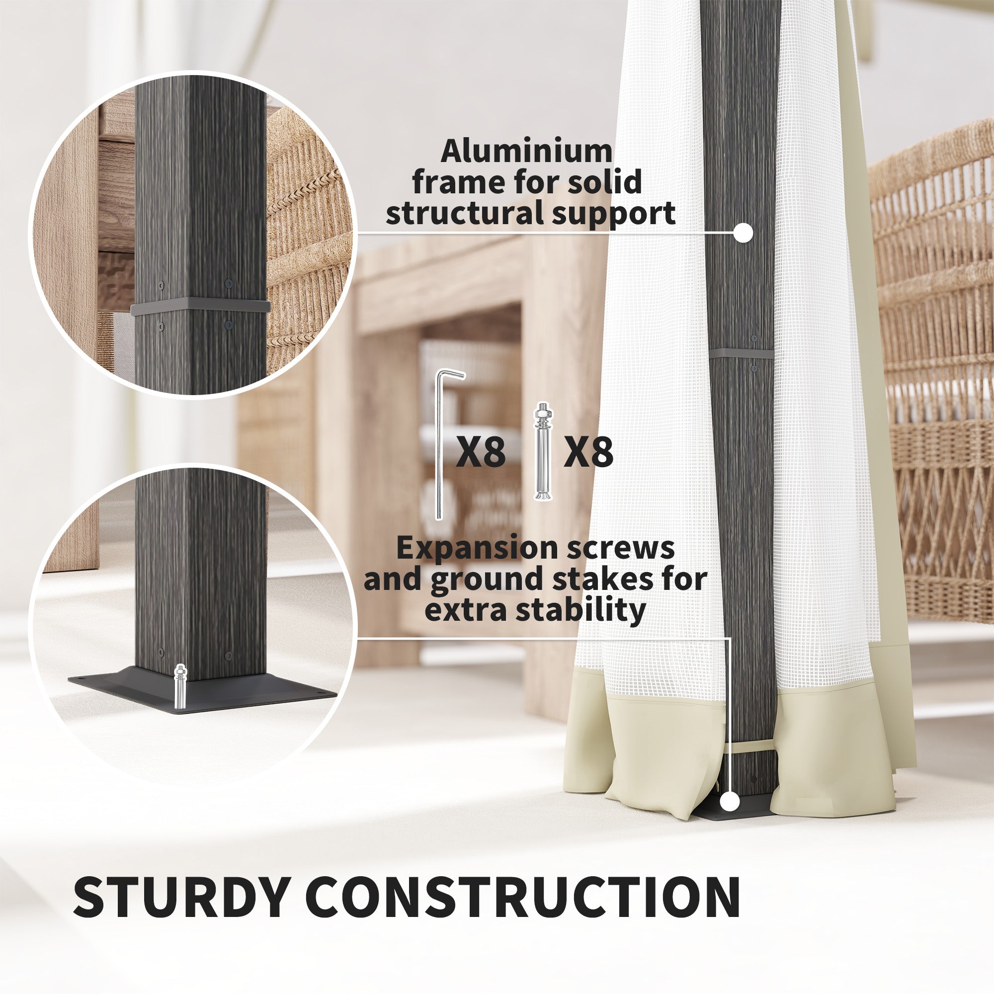 3 Metre Aluminium Frame Pergola Set with Retractable Roof - Khaki