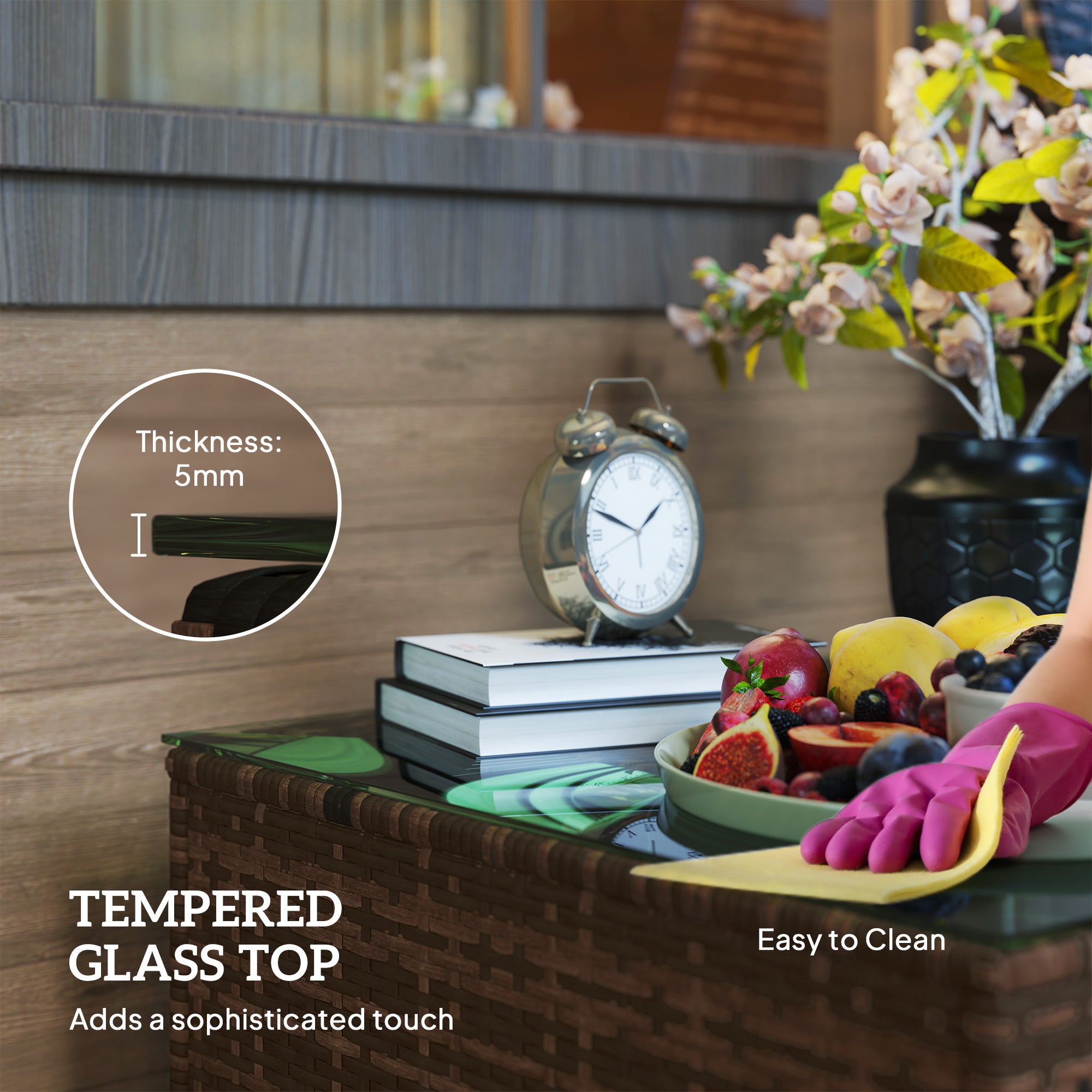 62cm Glass Top Rattan Side Table with Tempered Glass - Brown