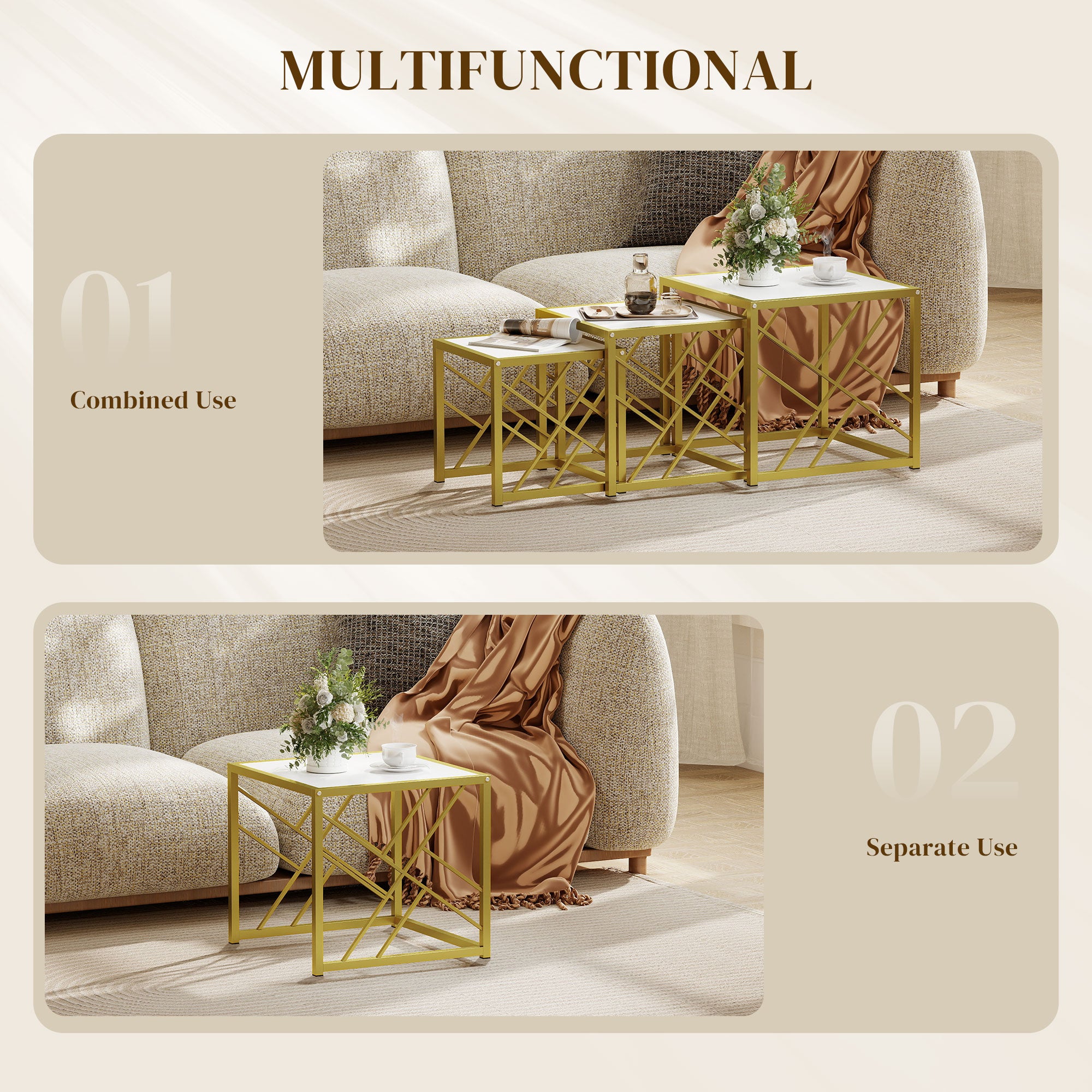 Nesting Coffee Tables, Set of 3 Square Side Tables with Black Metal Frame, for Living Room, Bedroom and Office, White