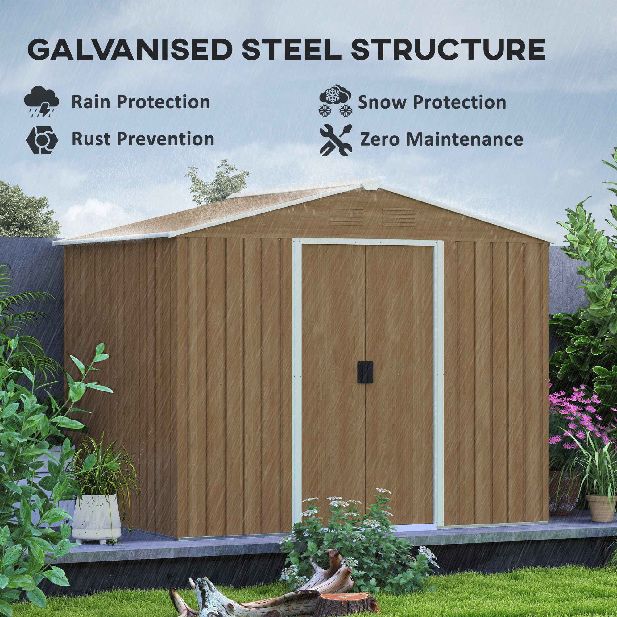 8x6ft Galvanised Steel Tool Shed with Double Door - Brown