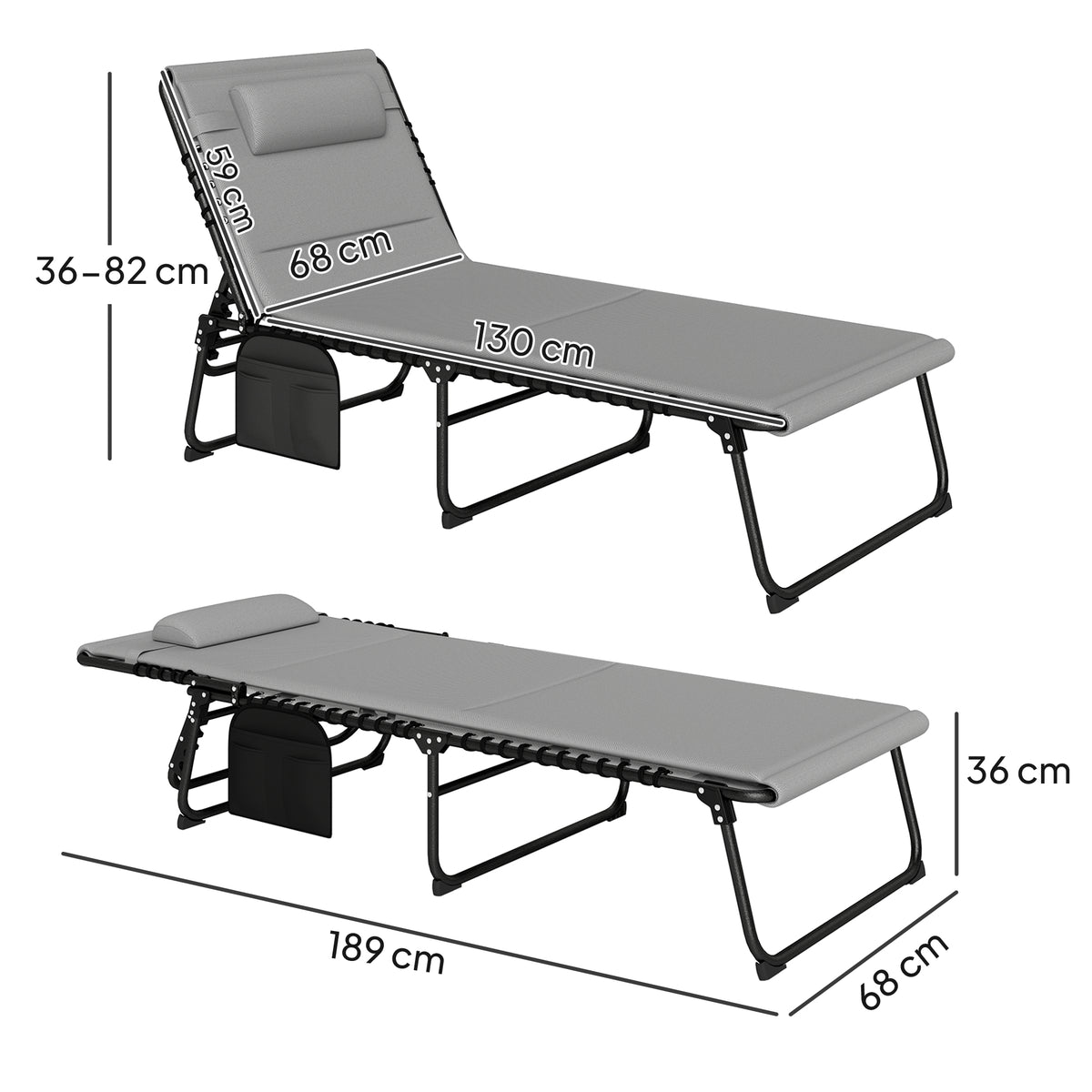 Set of 2 Folding Recliner Sun Loungers with Quick-Dry Pad & Side Pocket - Light Grey