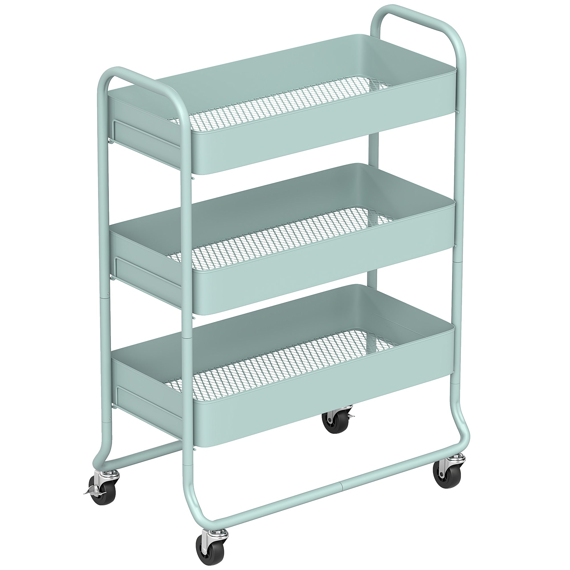 3-Tier Storage Trolley on Wheels, Rolling Utility Cart with Mesh Backets for Kitchen, Bathroom, Bedroom, Light Green