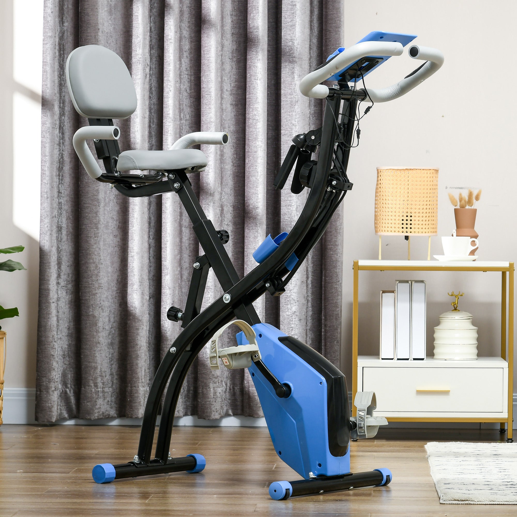 2-in-1 Folding Exercise Bike with 8-Level Magnetic Resistance, Arm Resistance Band, Pulse Sensor, Blue