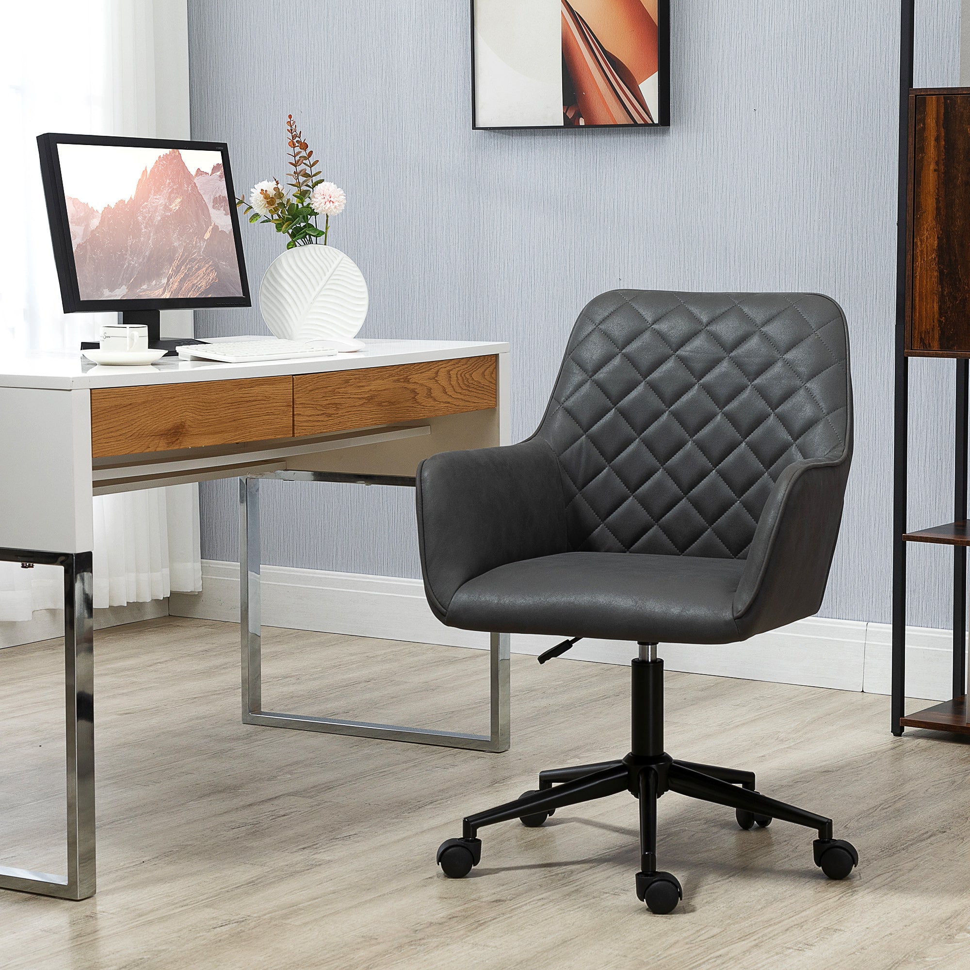 Office Desk Chair, Leather-Feel Fabric Computer Swivel Chair with Rolling Wheels and Adjustable Height for Home, Grey