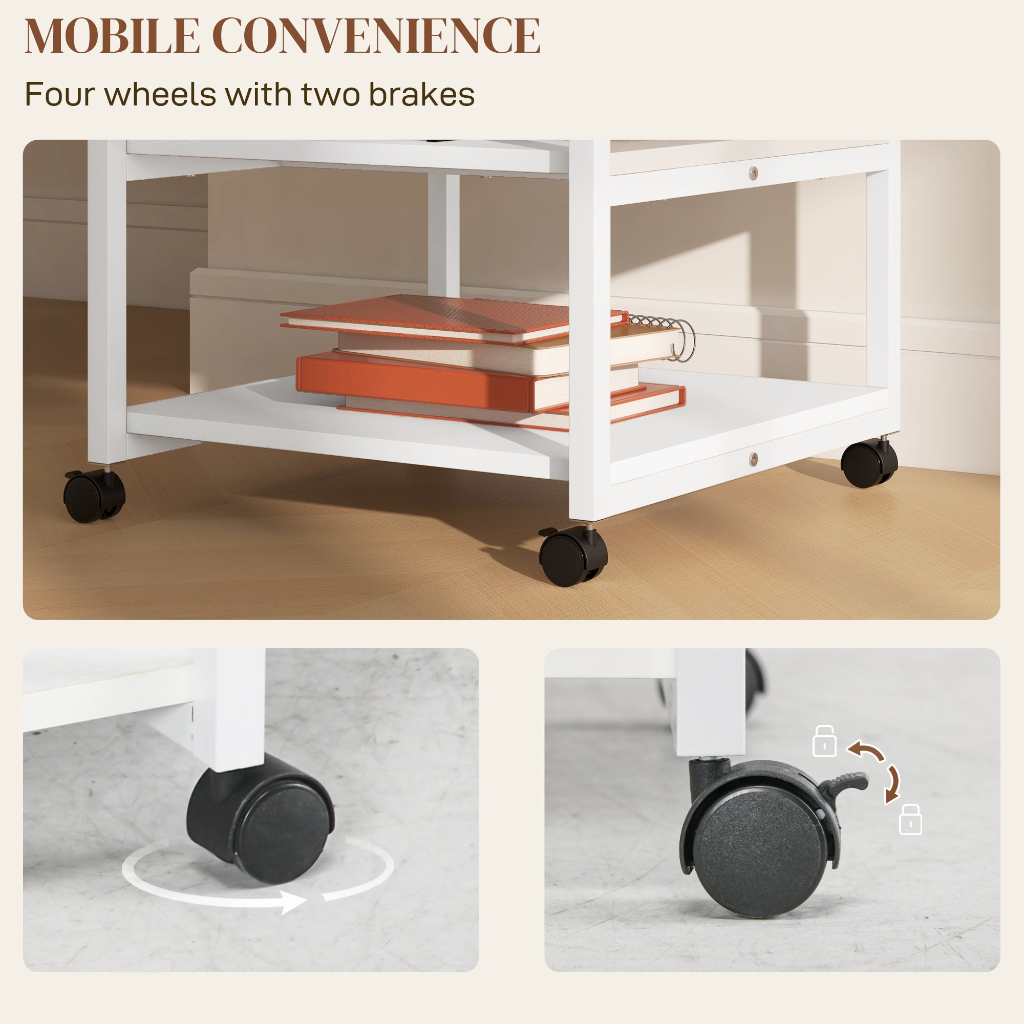 Three-Tier Steel Printer Stand, with Wheels - White