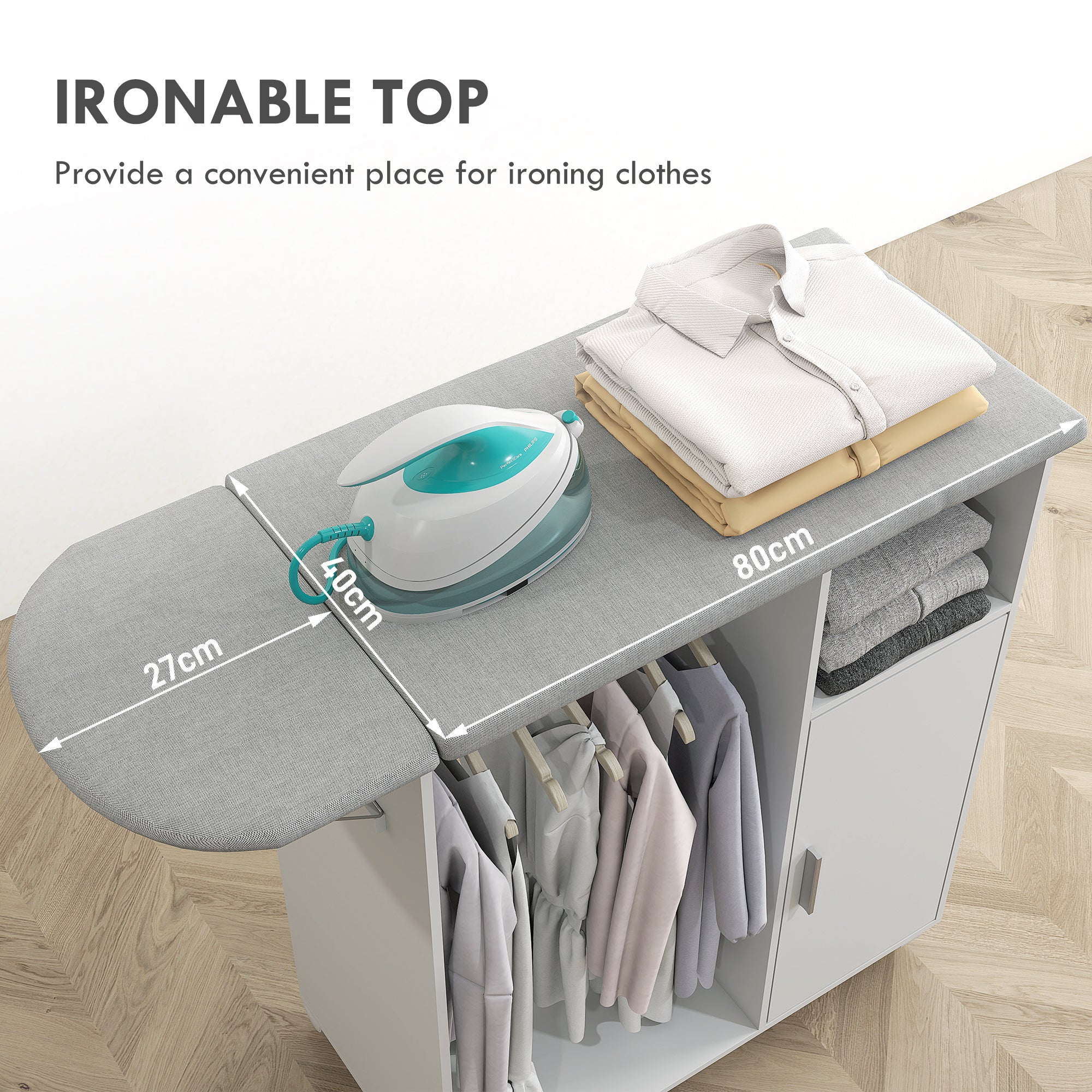 Rolling Ironing Board Cabinet, Foldable Ironing Station with Storage, Wheels for Home, Laundry Room, White