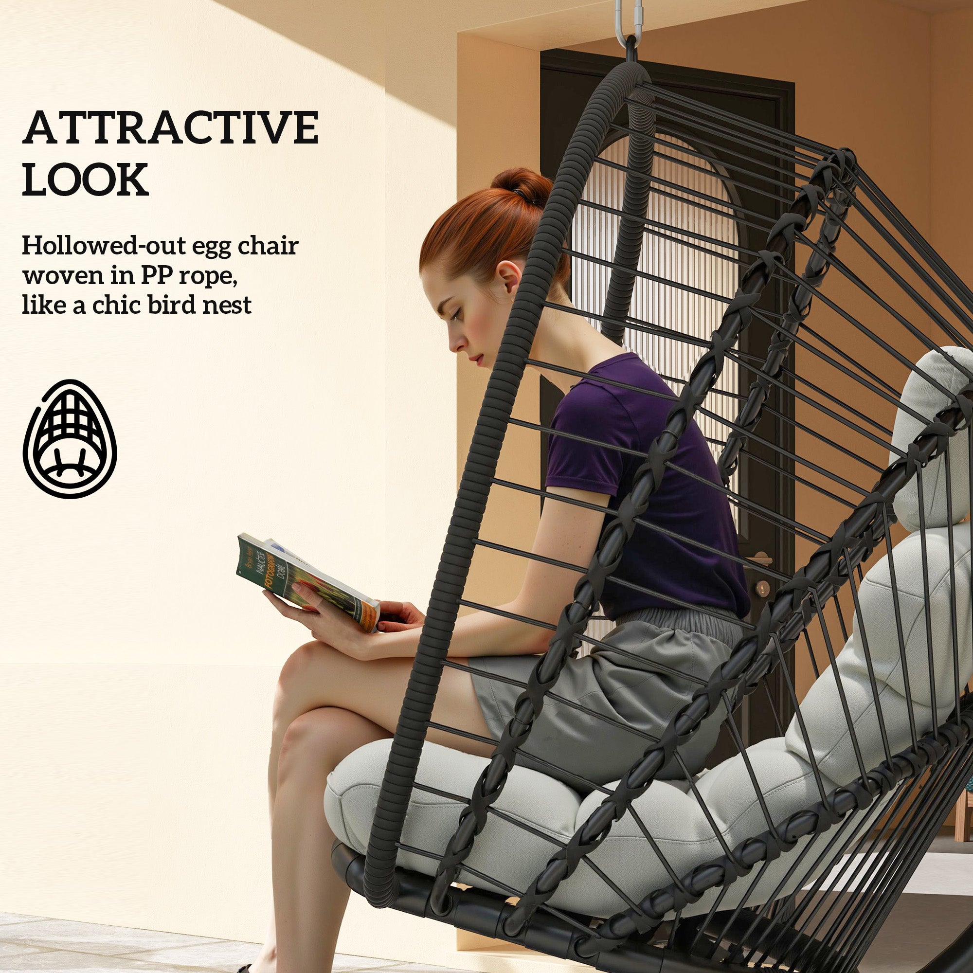 Hanging Egg Chair with Cushion and Metal Stand - Black