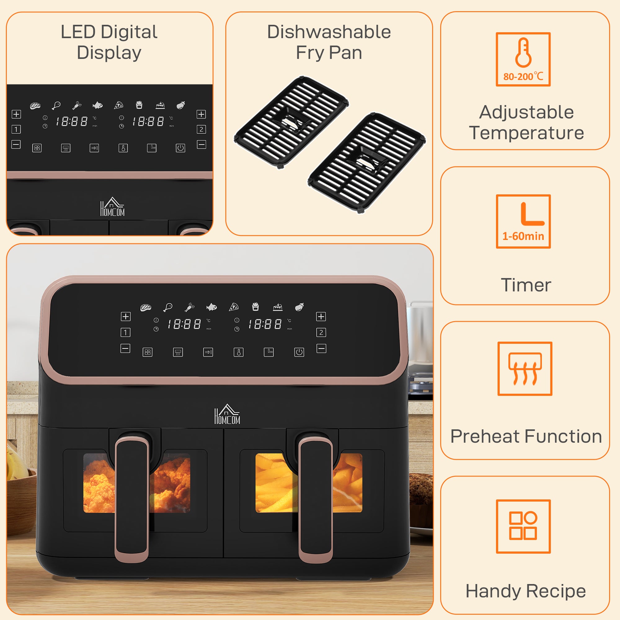 8L Dual Basket Air Fryer, 80-200„ƒ, with Sync Function - Black/Gold Tone