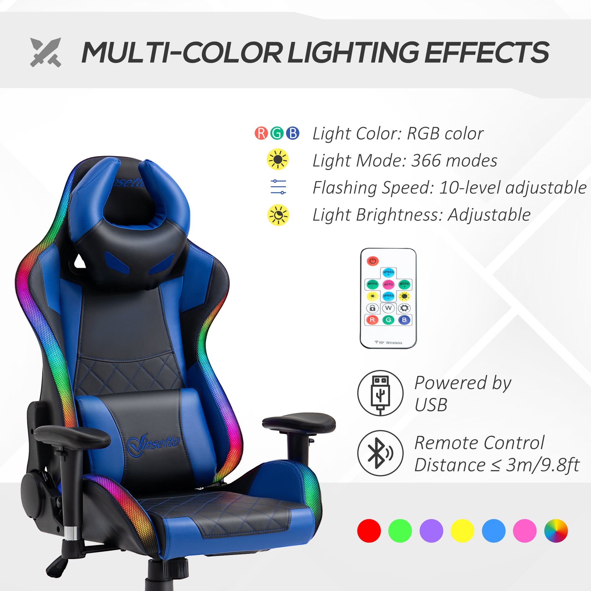 Racing Gaming Chair with RGB LED Light, Lumbar Support, Swivel Home Office Computer Recliner High Back Gamer Desk Chair, Black Blue