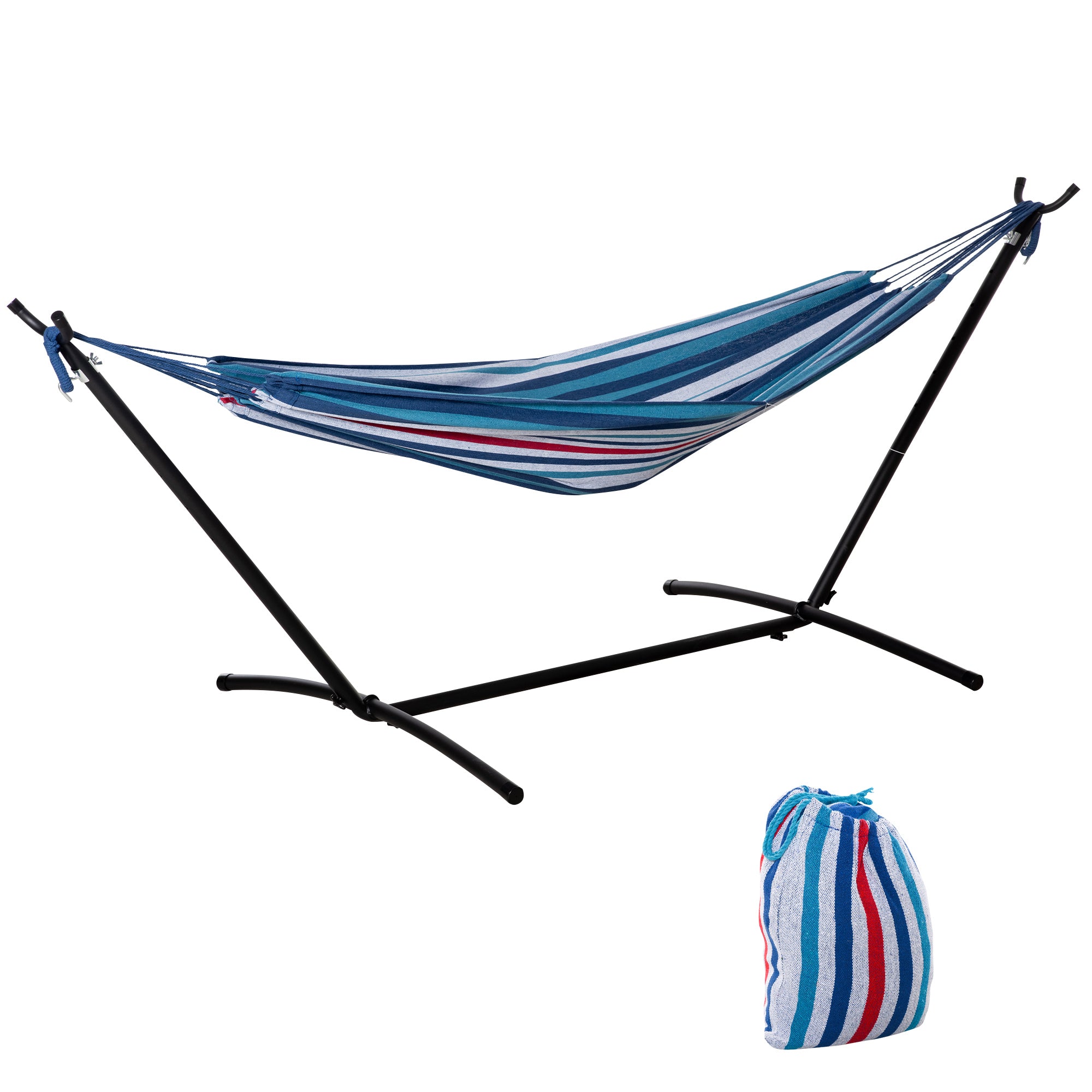 298 x 117cm Hammock with Stand Camping Hammock with Portable Carrying Bag, Adjustable Height, 120kg Load Capacity, White Stripe