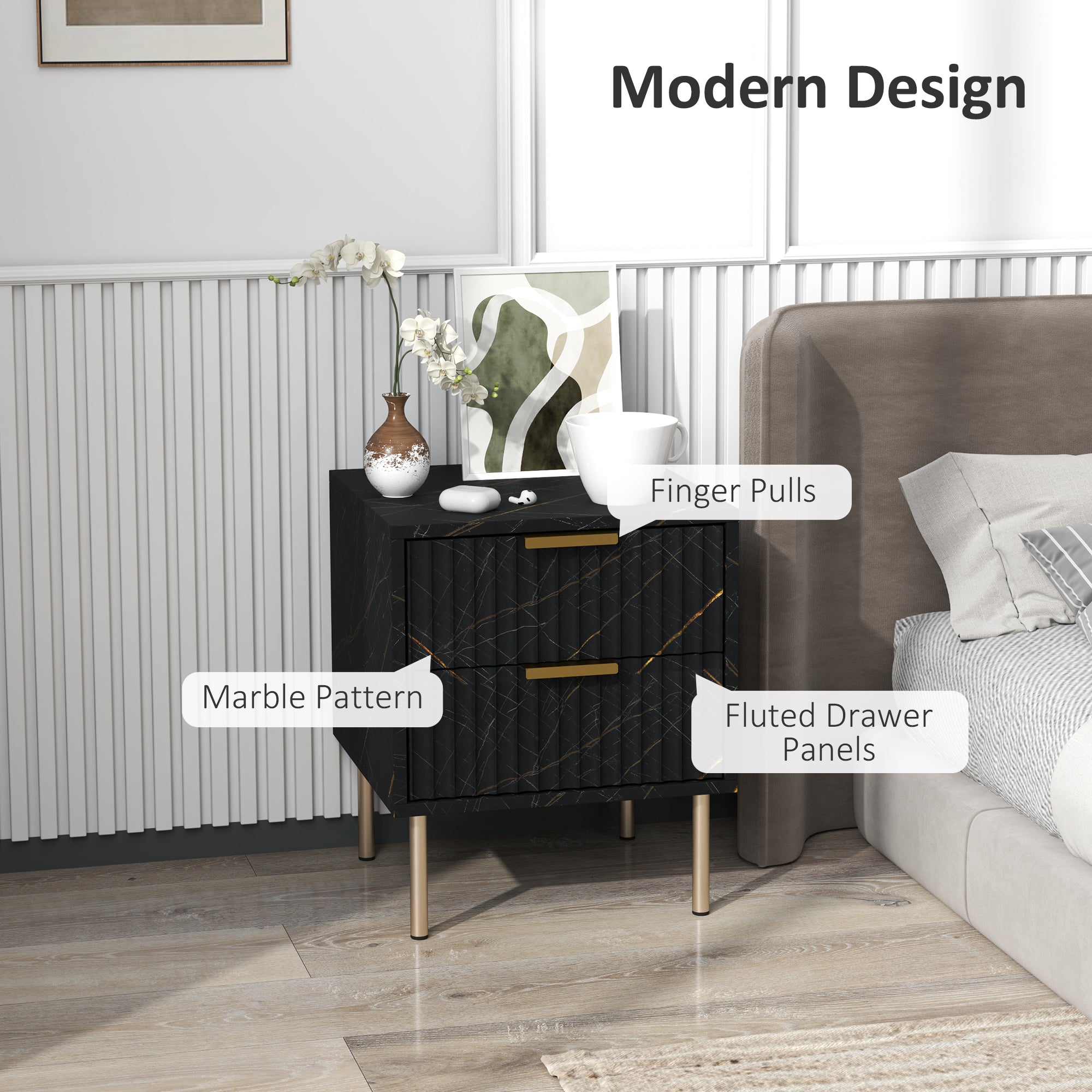 Elegant Two-Drawer Bedside Table - Black