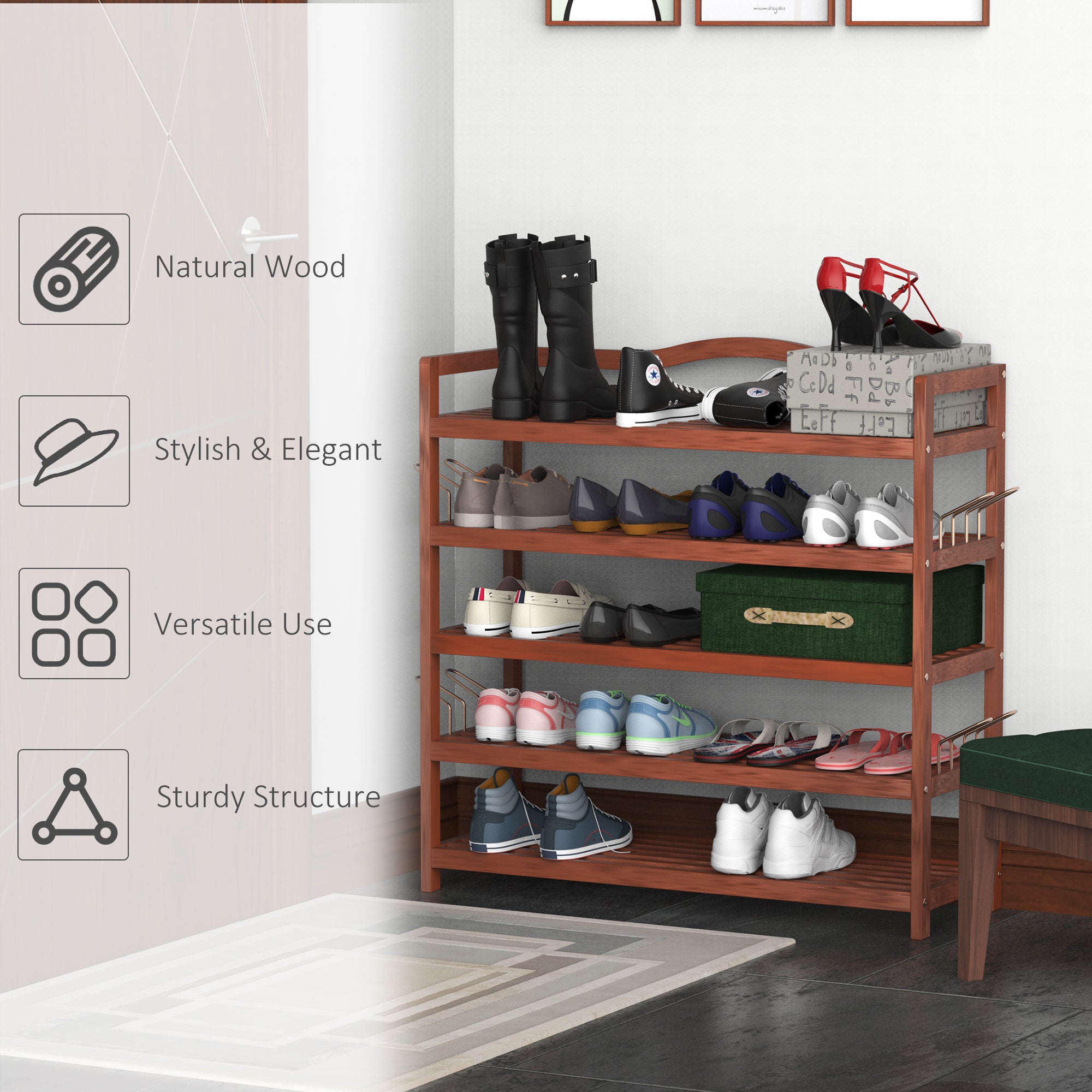 5-Tier Shoe Rack, Acacia Wooden Shoe Storage Organiser with Hangers, Holds up to 24 Pairs, for Entryway, Living Room, 84 x 26 x 82 cm, Teak