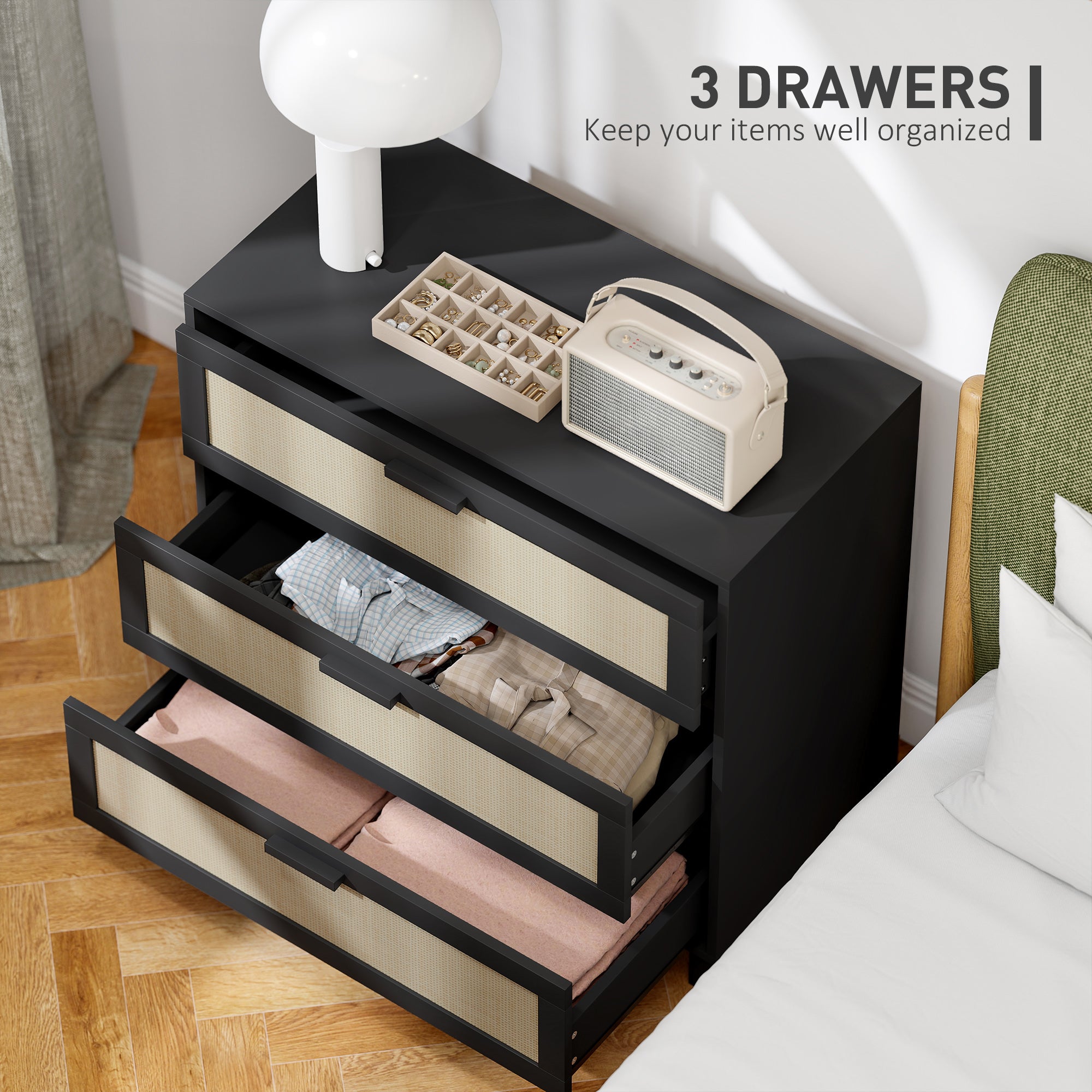 Rattan Bedroom Chest of Drawers, 3 Drawers Storage Unit, Boho Dresser for Living Room, Hallway, Black