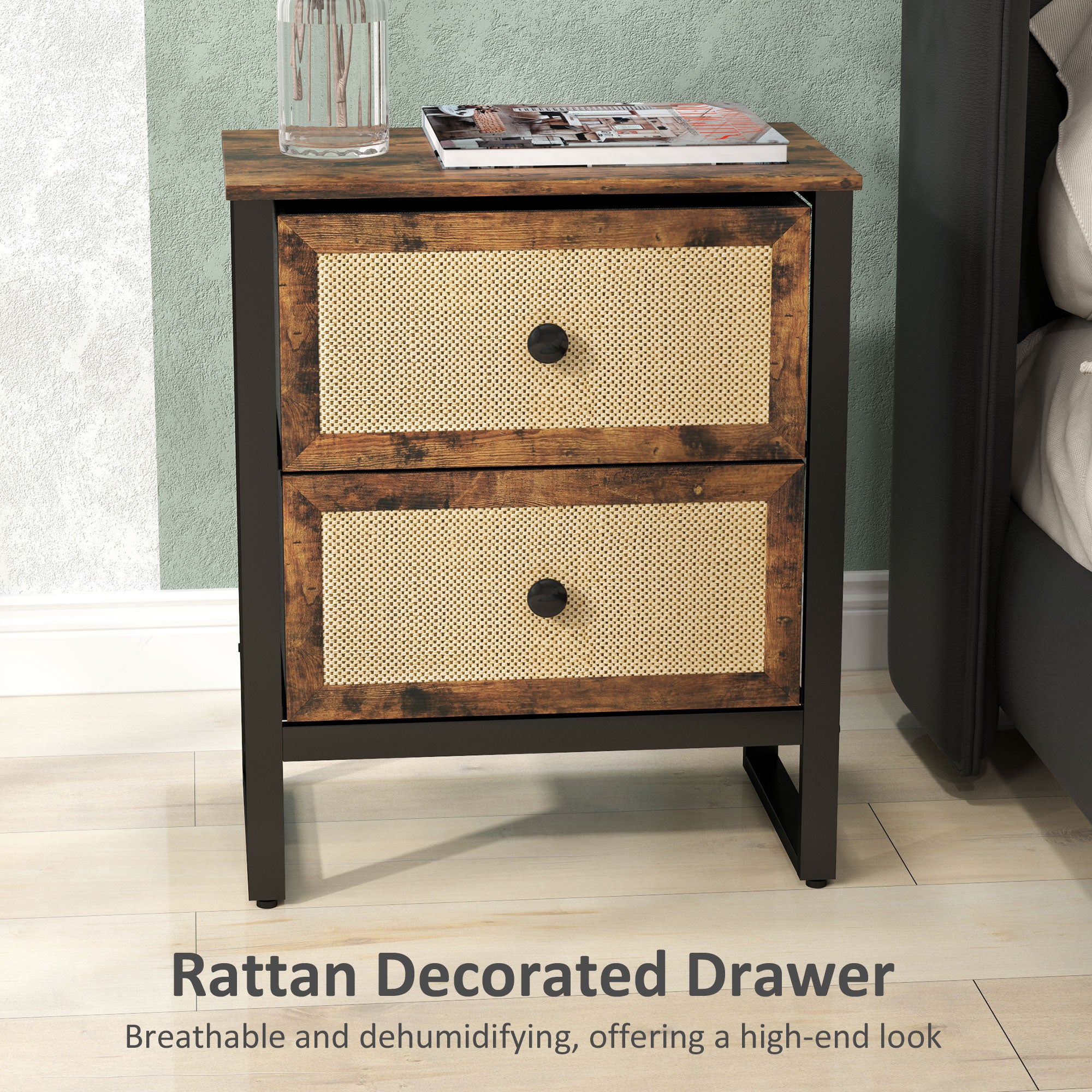 Industrial-Natural Bedside Table Set of 2 - Brown