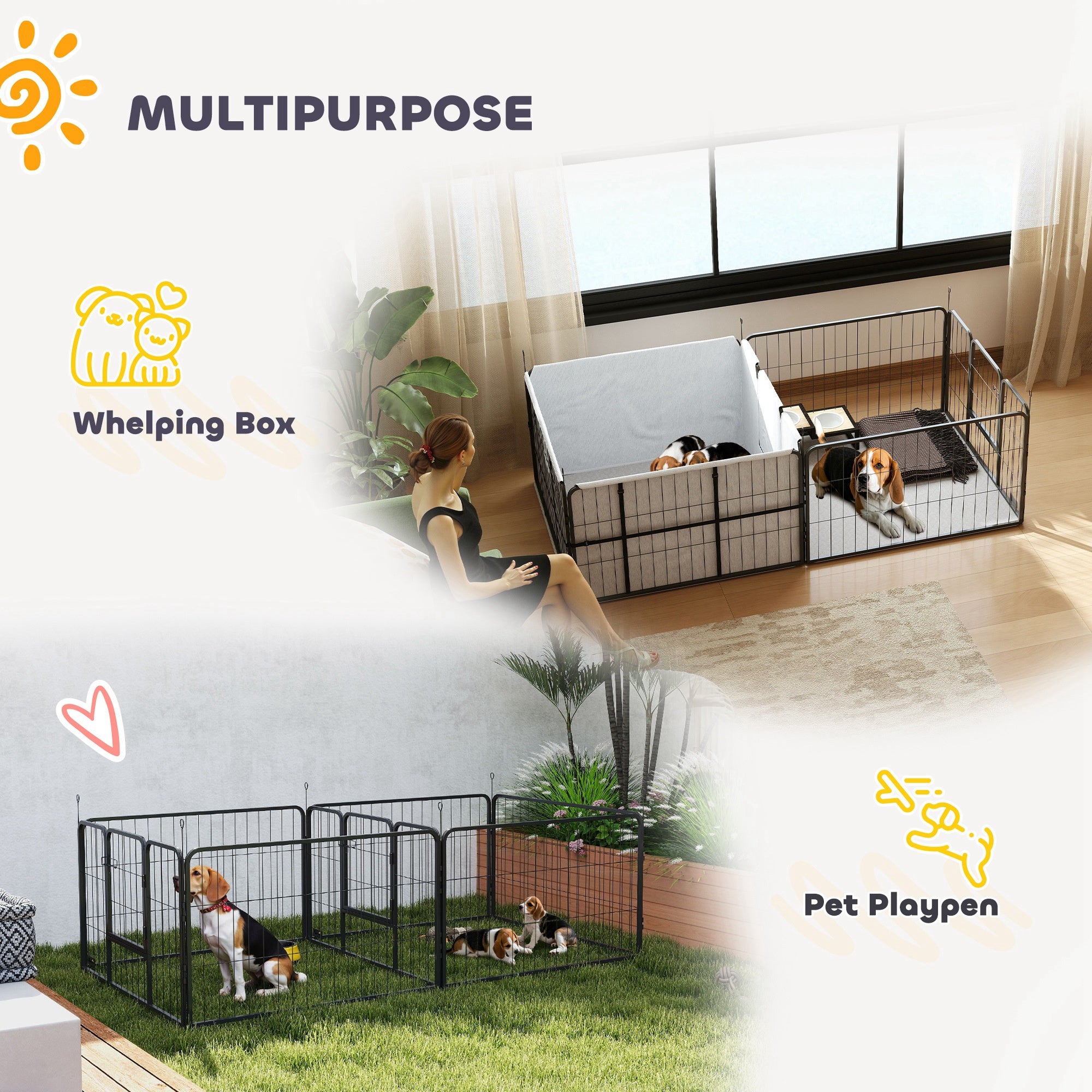 7 Panel Dog Whelping Box, Dog Playpen with Washable Whelping Pads, Windproof Fabric, for Small and Medium Dogs