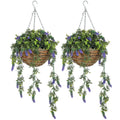Set of 2 Hanging Artificial Lavender Plants in Baskets - Purple