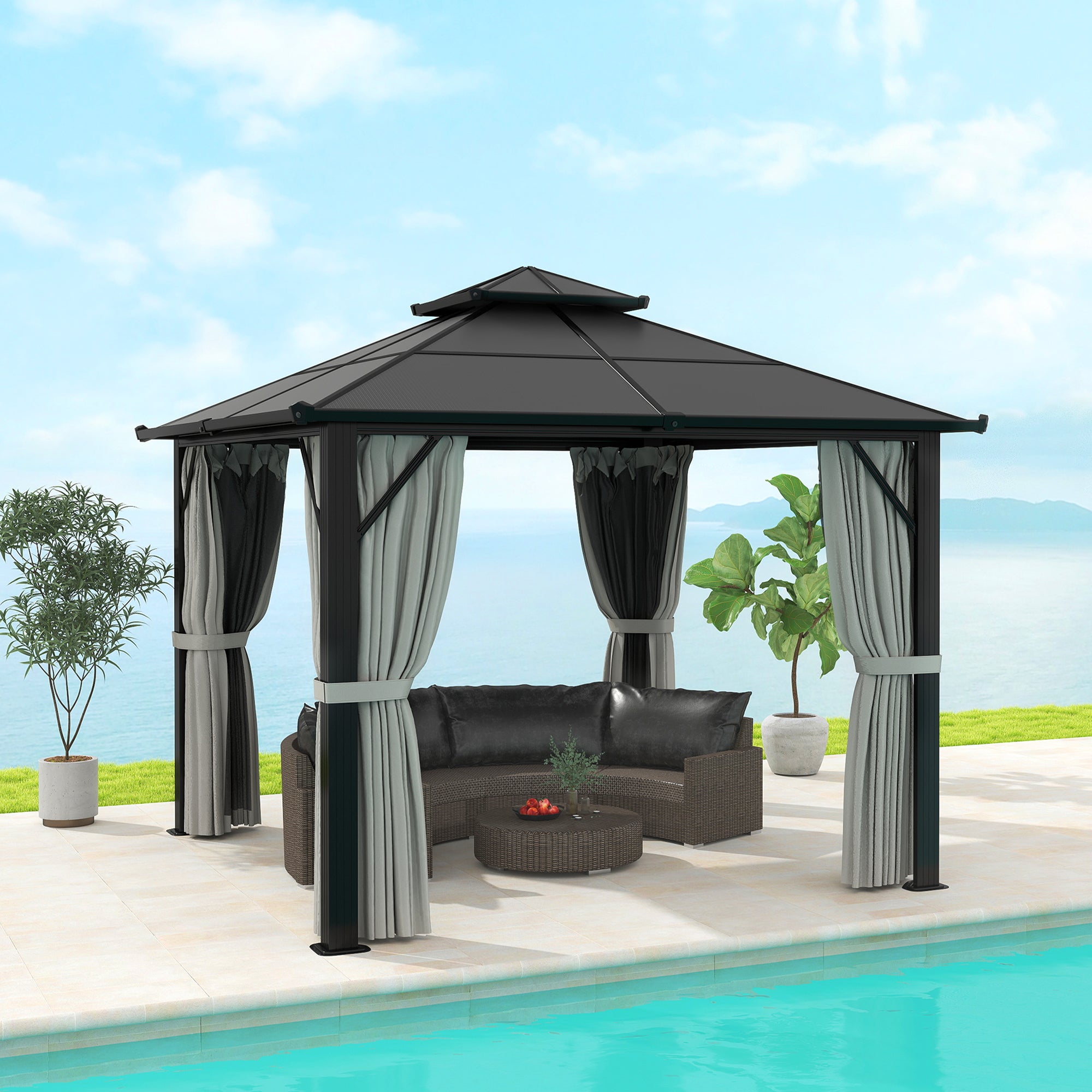 3 x 3m Hardtop Gazebo Canopy with UPF30+ Double Polycarbonate Roof, Aluminium Frame, Mosquito Netting & Curtains - Grey