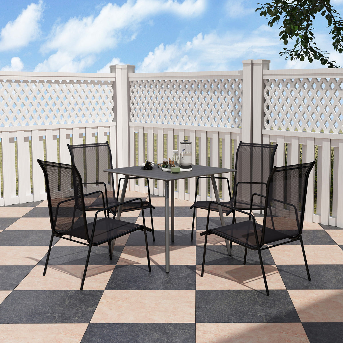4 Seater Square Garden Table with Slat Top Steel Frame - Grey