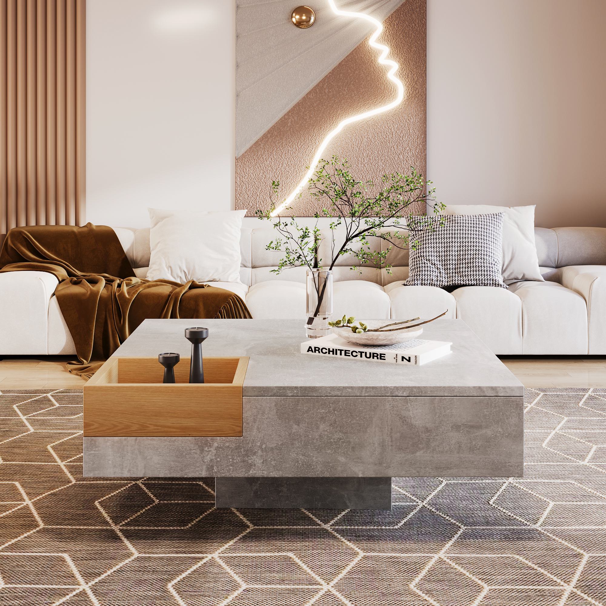 Coffee Table with Removable Storage Box, Modern Design, Sturdy Structure, 72L x 72W x 30H cm, Grey