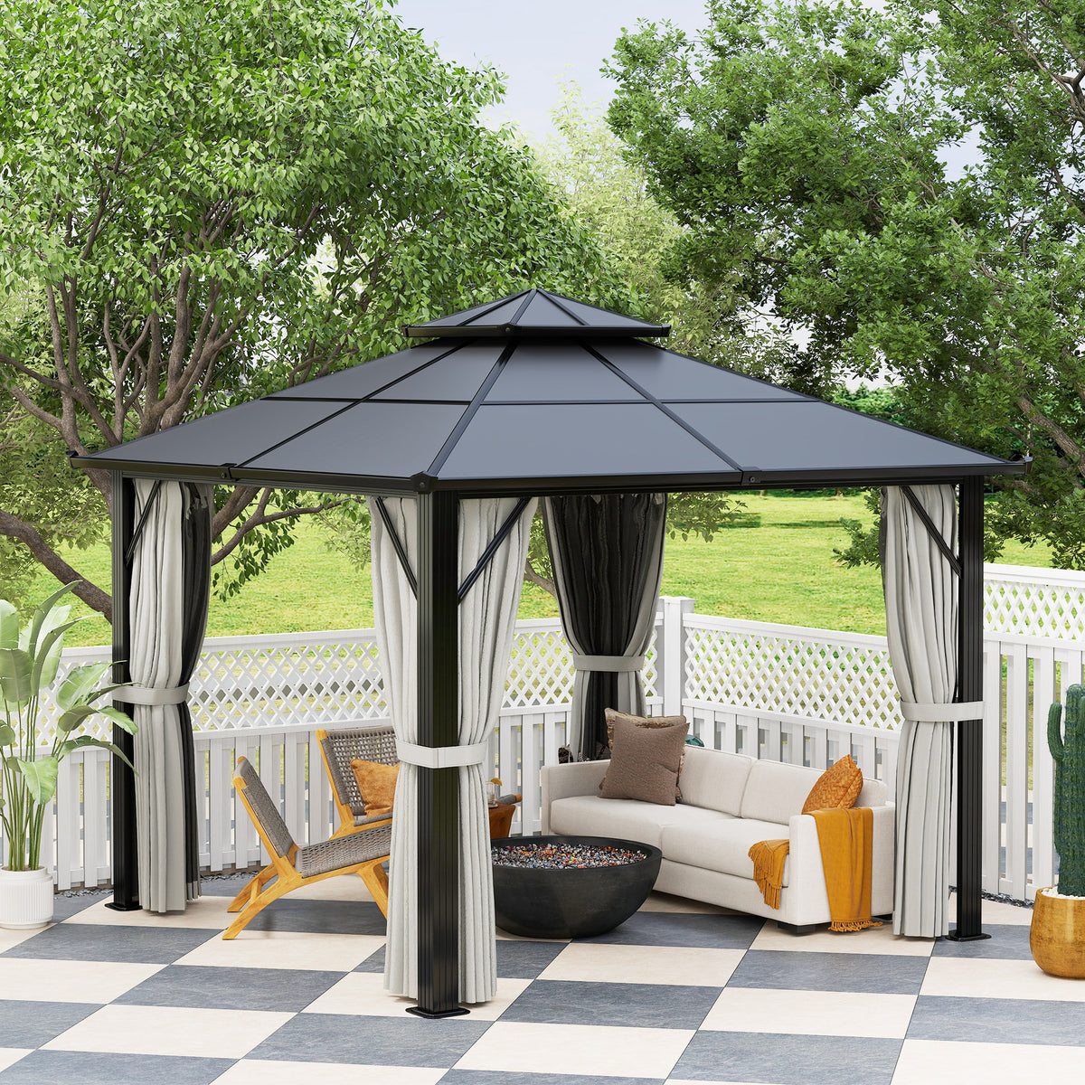 3 x 3m Hardtop Gazebo Canopy with UPF30+ Double Polycarbonate Roof, Aluminium Frame, Mosquito Netting & Curtains - Grey