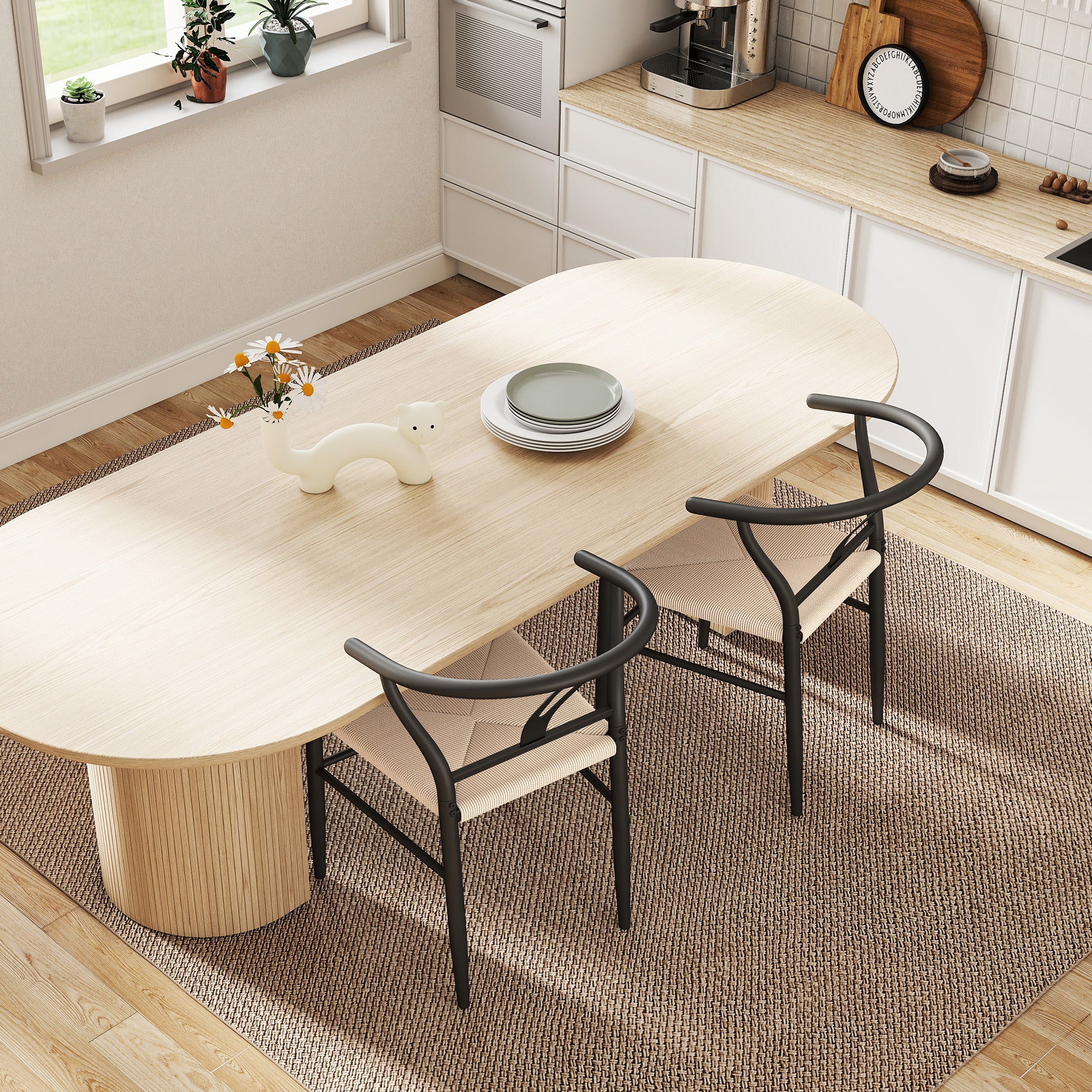 Set of Two Weave Dining Chairs with Y-Shaped Backrest Hemp Seat - Black/Beige