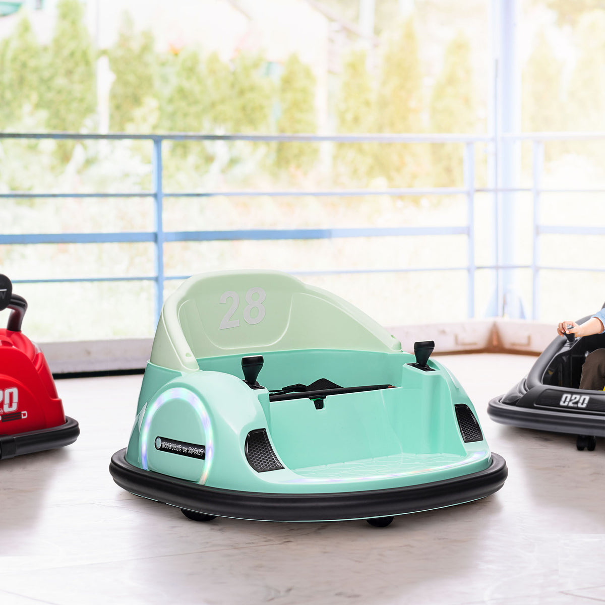 12V 360° Rotation Kids Bumper Car with Remote Control, Dual Joysticks, Music & Lights - Green