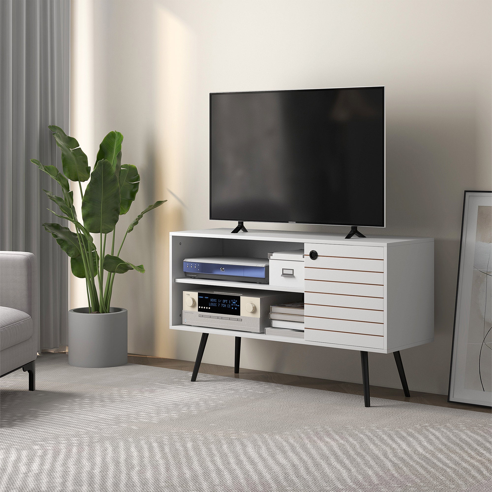 Duo Storage TV Unit, with Striped Door - White