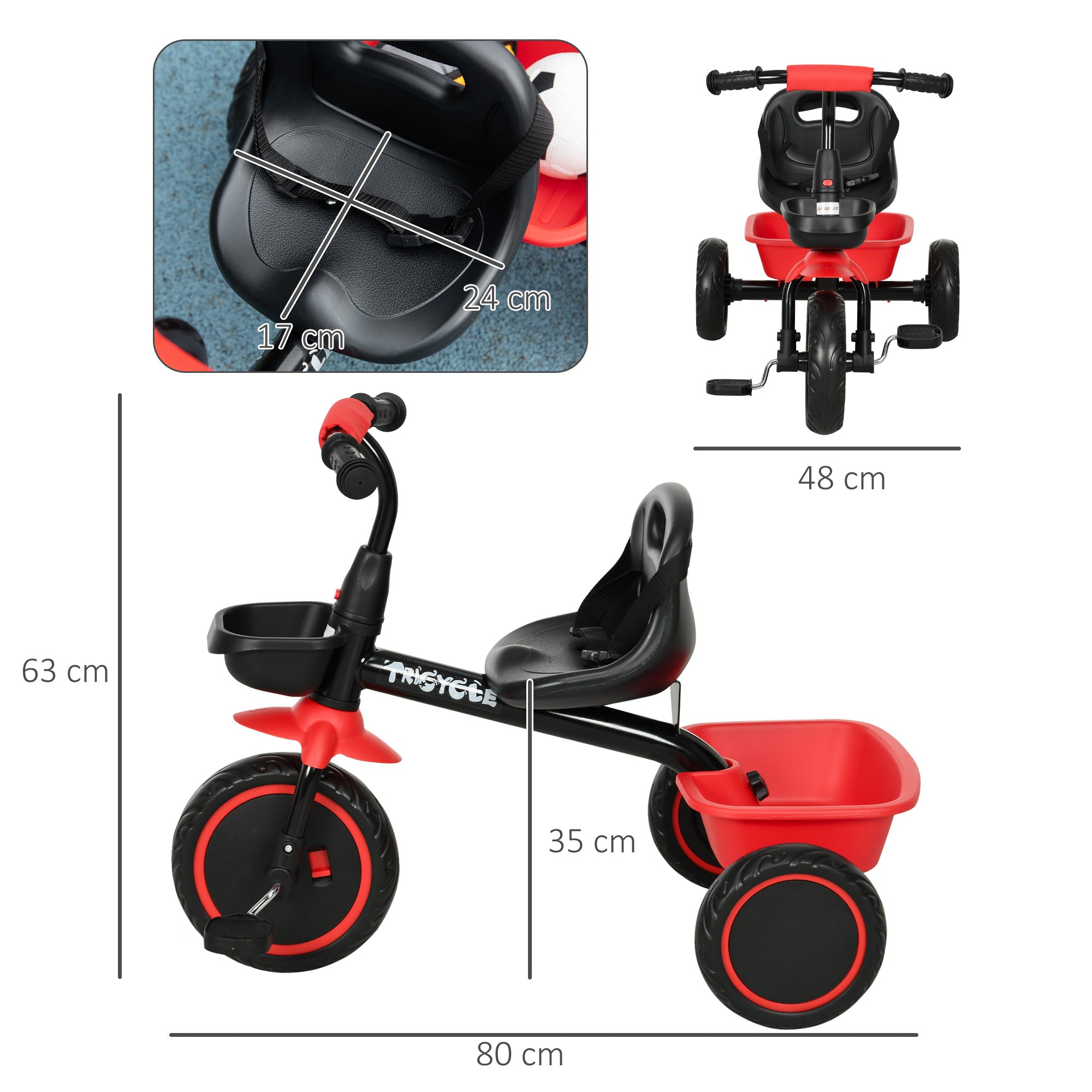 Kids Trike for 2-5 Years with Adjustable Seat, Pedal, Baskets, Red