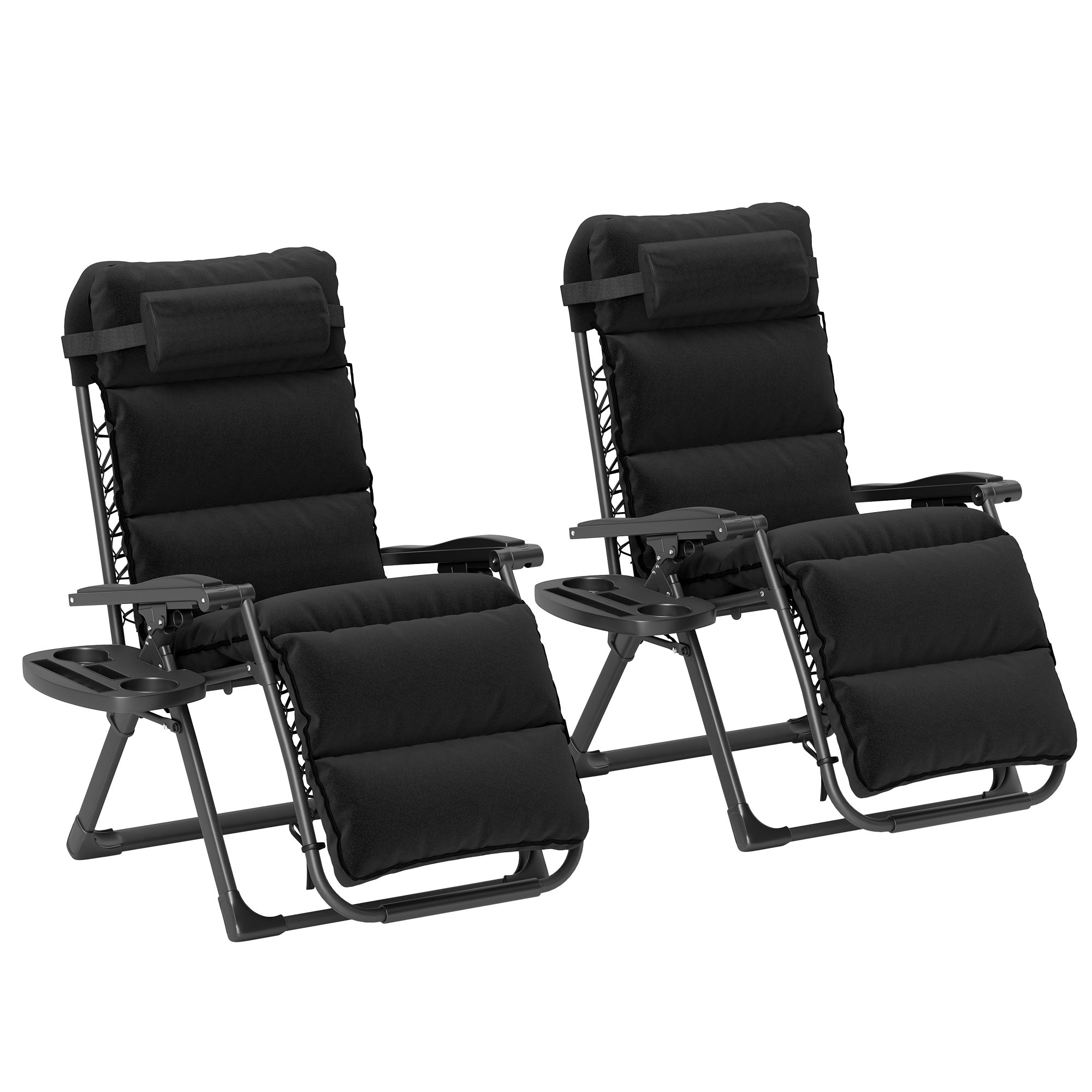 Set of Two Reclining Sun Loungers, with Cushion - Black
