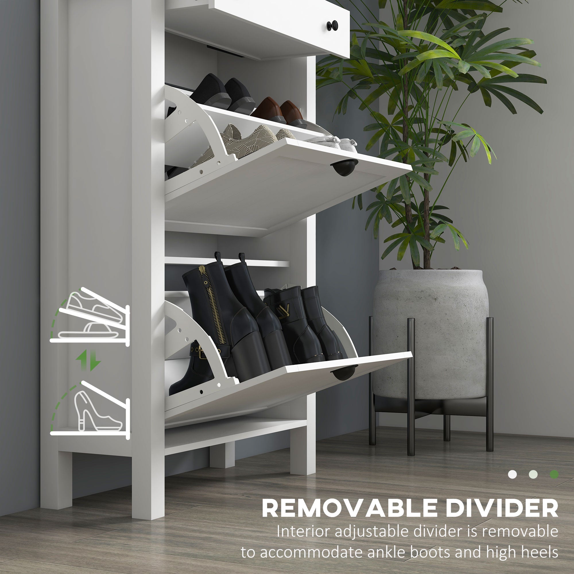 Narrow Shoe Cabinet with 2 Flip Drawers and Adjustable Shelves, White