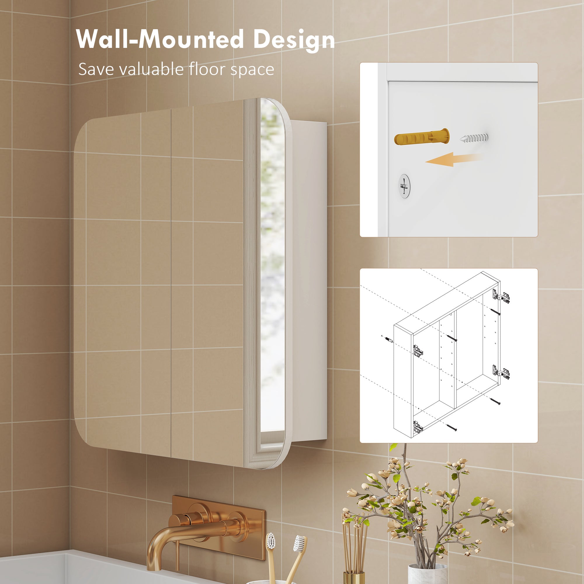 Arched Bathroom Mirror Cabinet with Adjustable Shelves - White