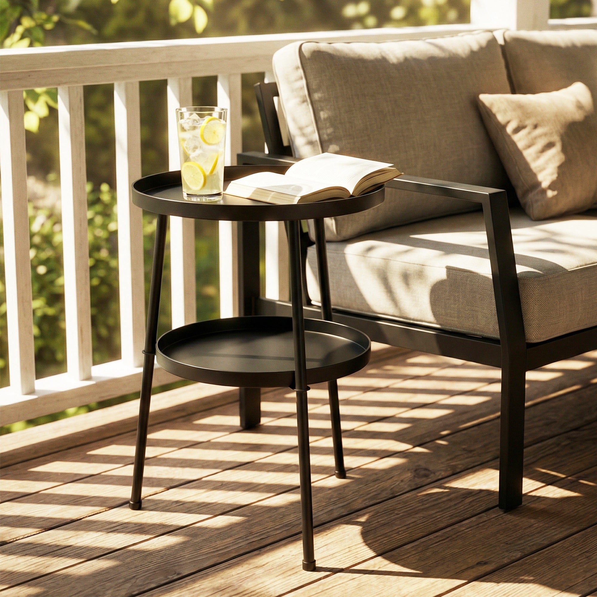 Patio Side Table, 2-Tier Round Coffee End Table for Garden Balcony Living Room Bedroom, Black