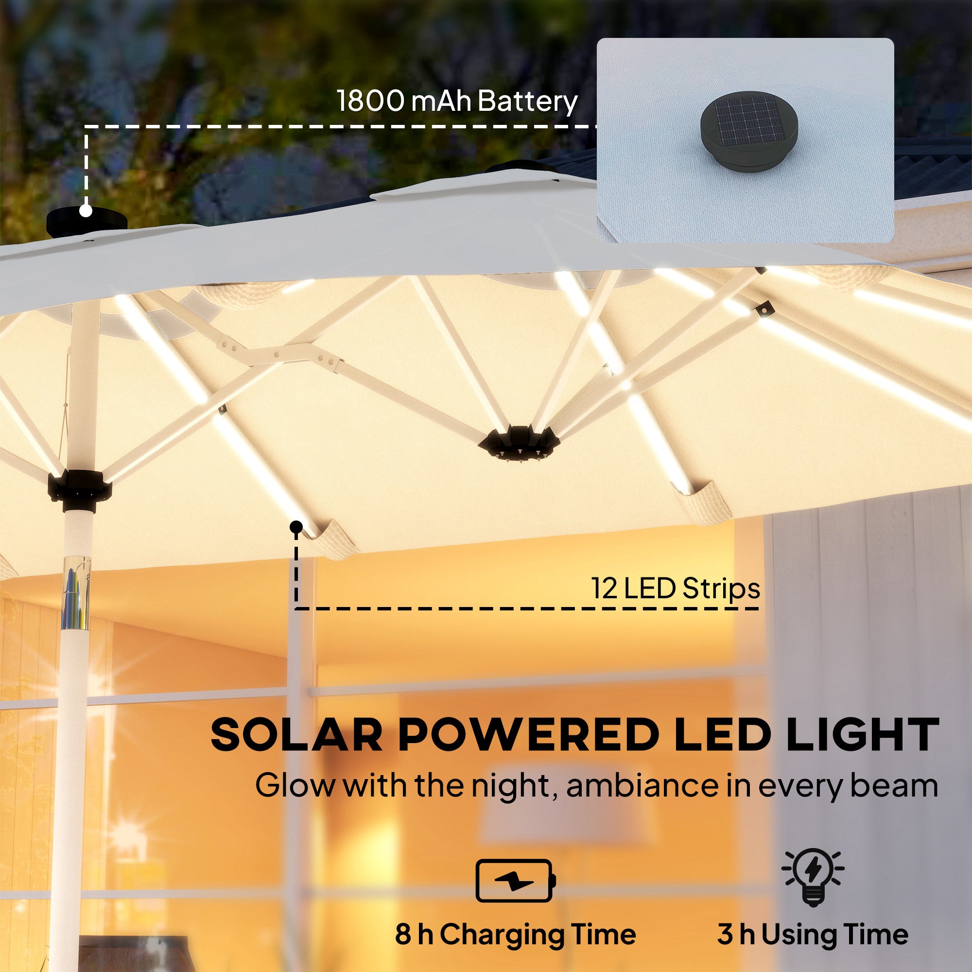 3 m Double-Sided Garden Parasol with LED Solar Lights, Outdoor Extra Large Sun Umbrella with Crank Handle, Cream White