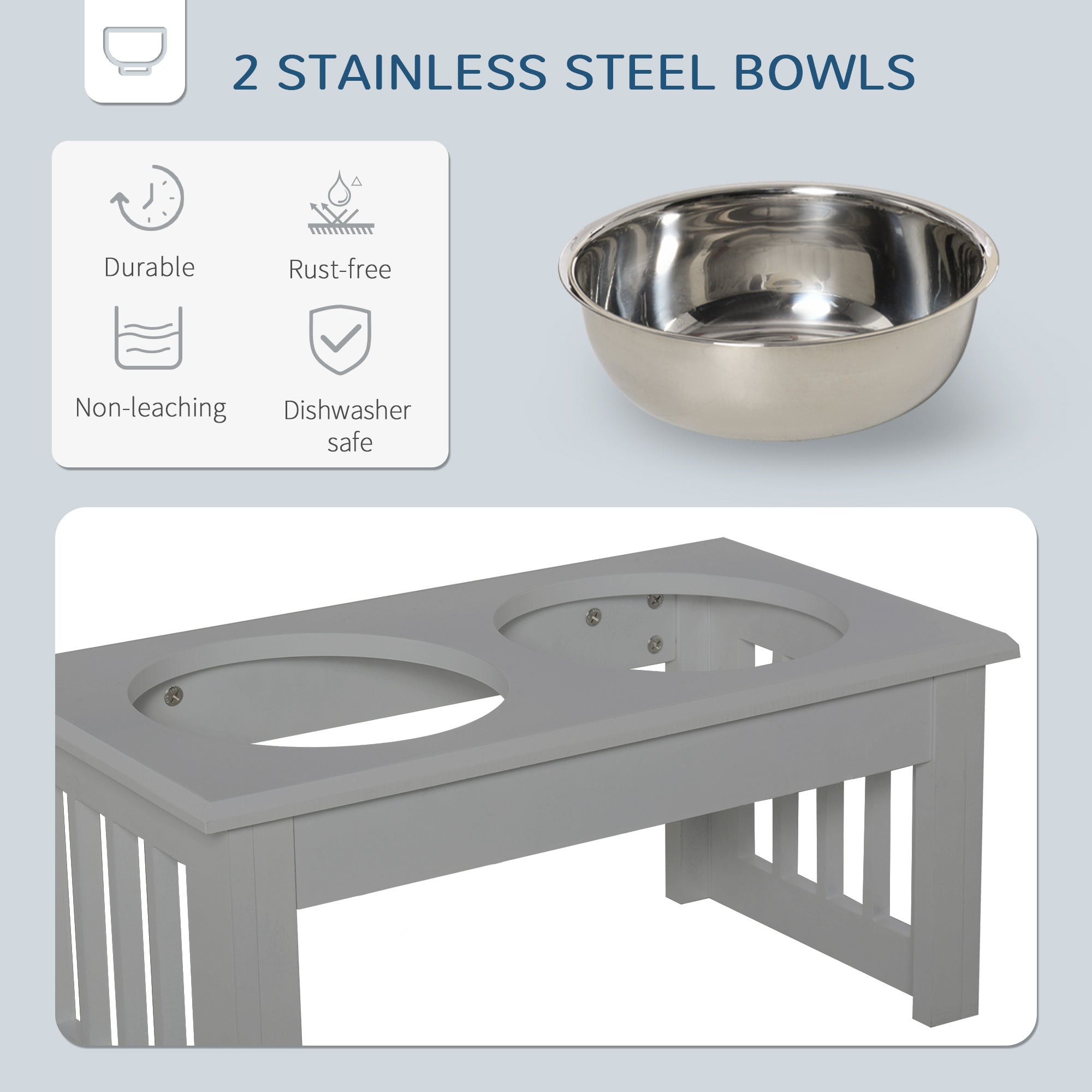 Raised Dog Feeding Bowls with Stand, Stainless Steel for Extra Small and Small Dog, 44L x 24W x 15H cm - Grey