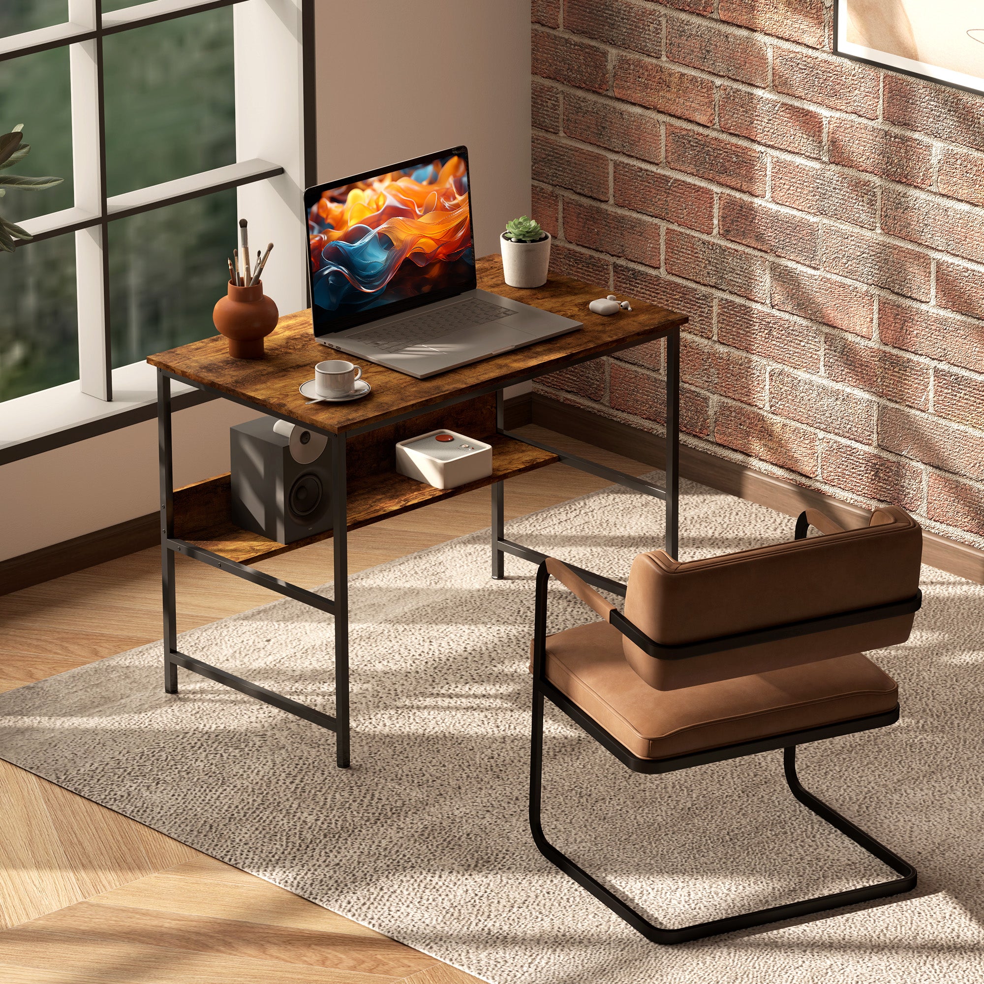 2-Tier Computer Desk, 100 x 60 cm, Rustic Brown