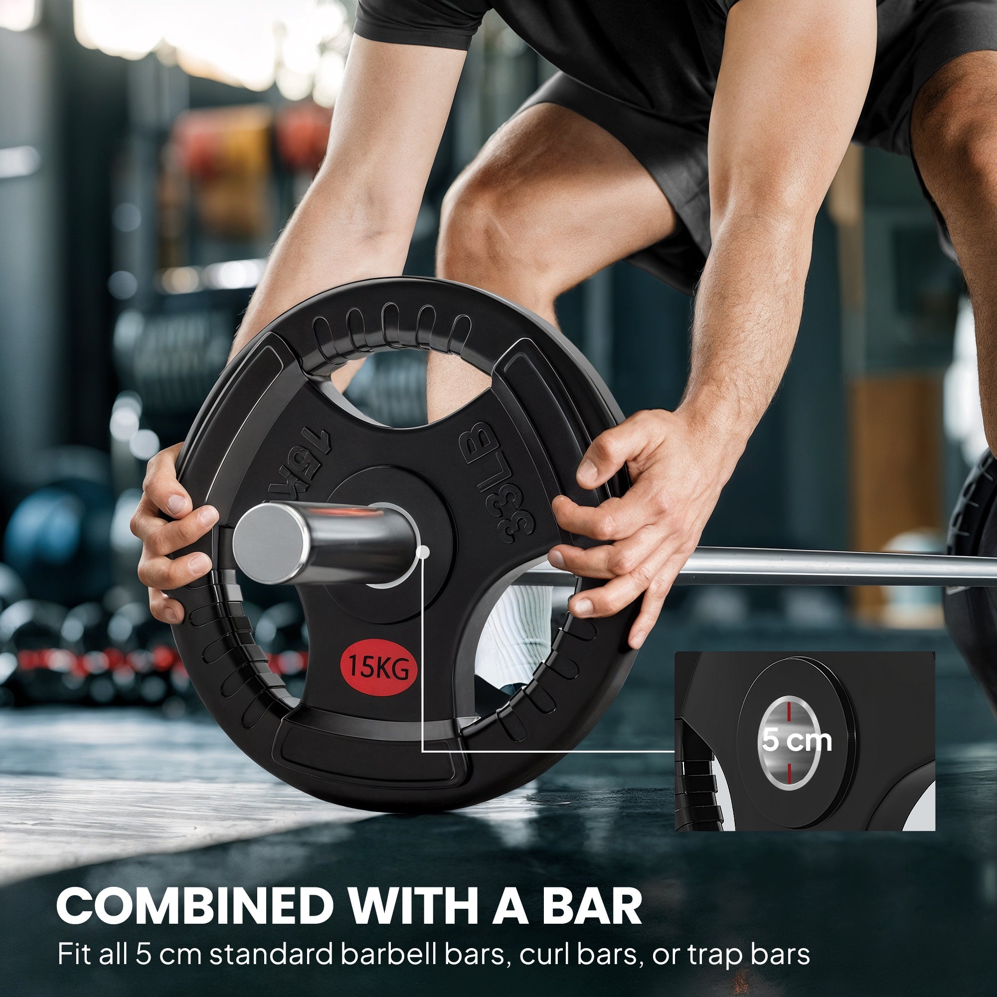 Olympic Weight Plates, 2"/5cm Weight Disc Pair with Tri-Grips, 2 x 15kg Dumbbell Plates for Weightlifting and Strength Training Home Gym Fitness Workout, Black